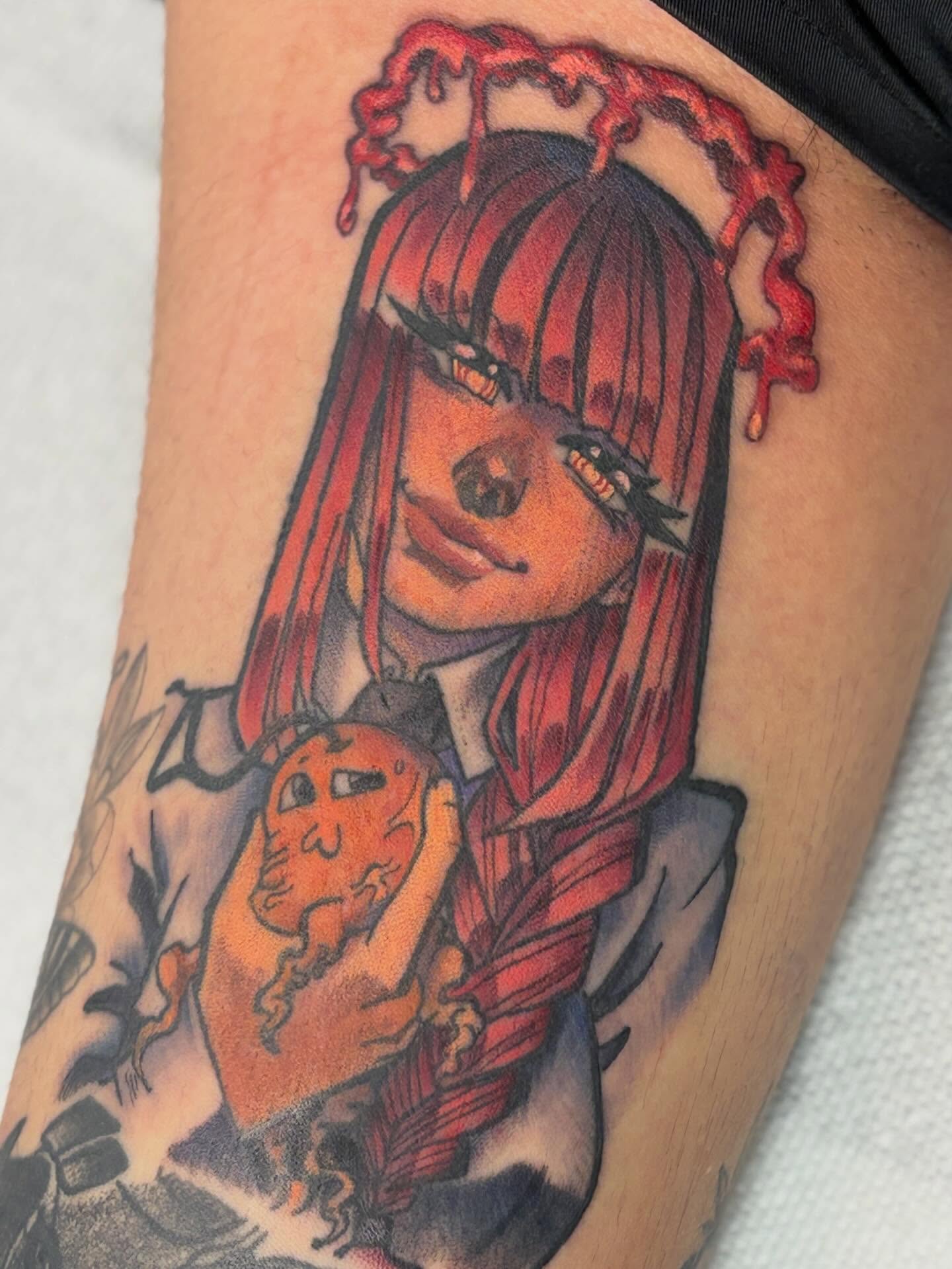 Anime girl with demon anime tattoo on the thigh by Gabby