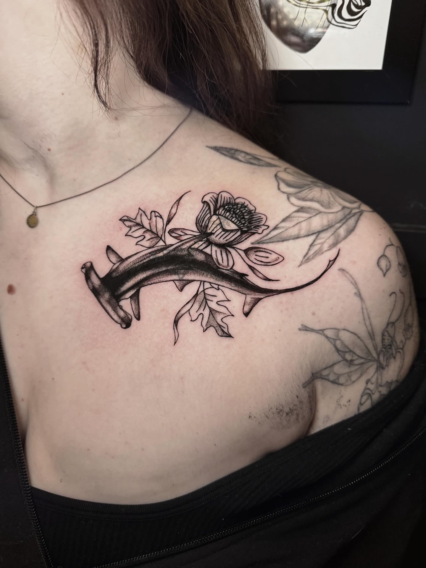 Flower and violin black and grey tattoo on the shoulder by Jess, Midvale, Utah