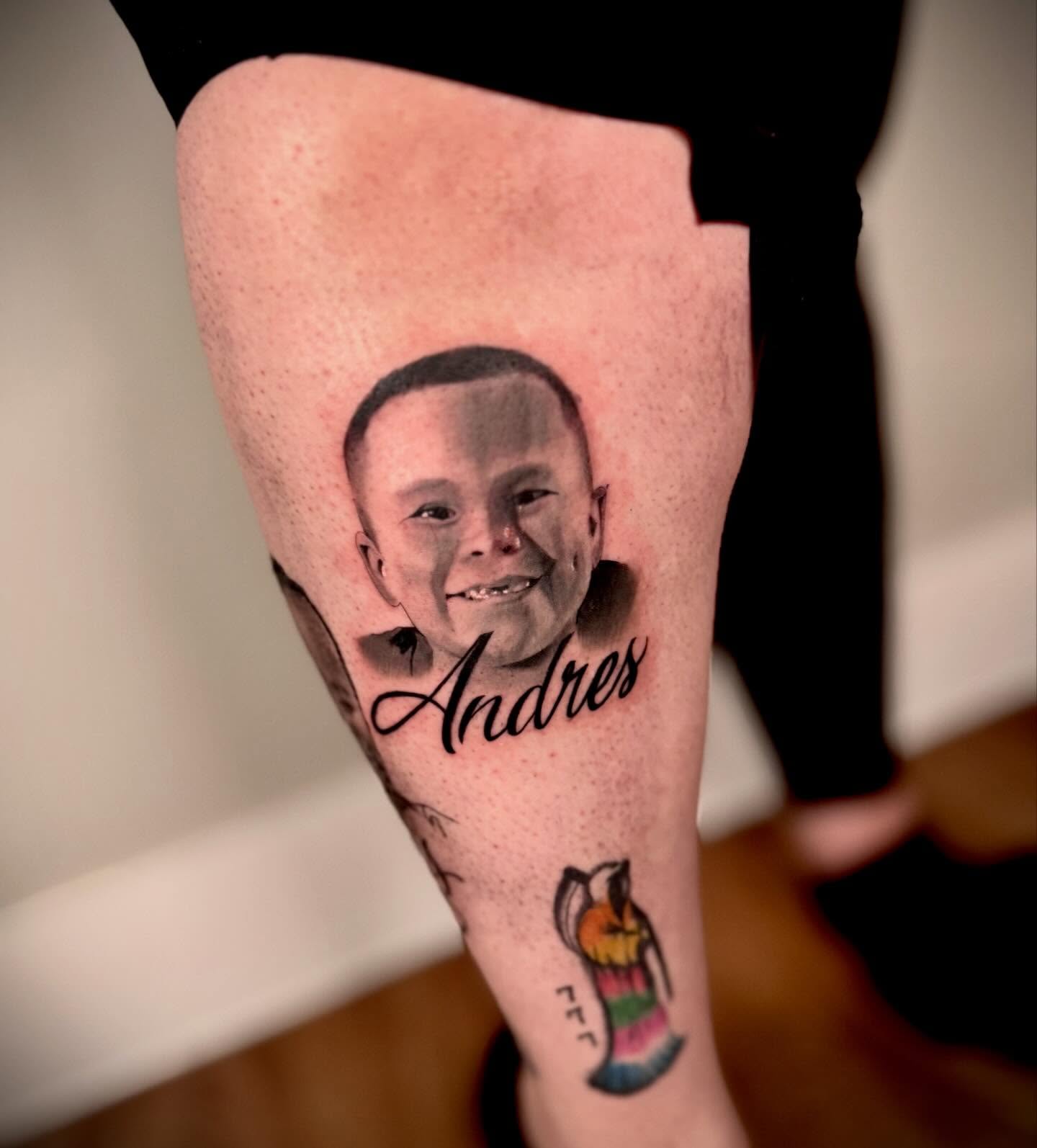 Portrait of child realism tattoo on the forearm by Lalo ink