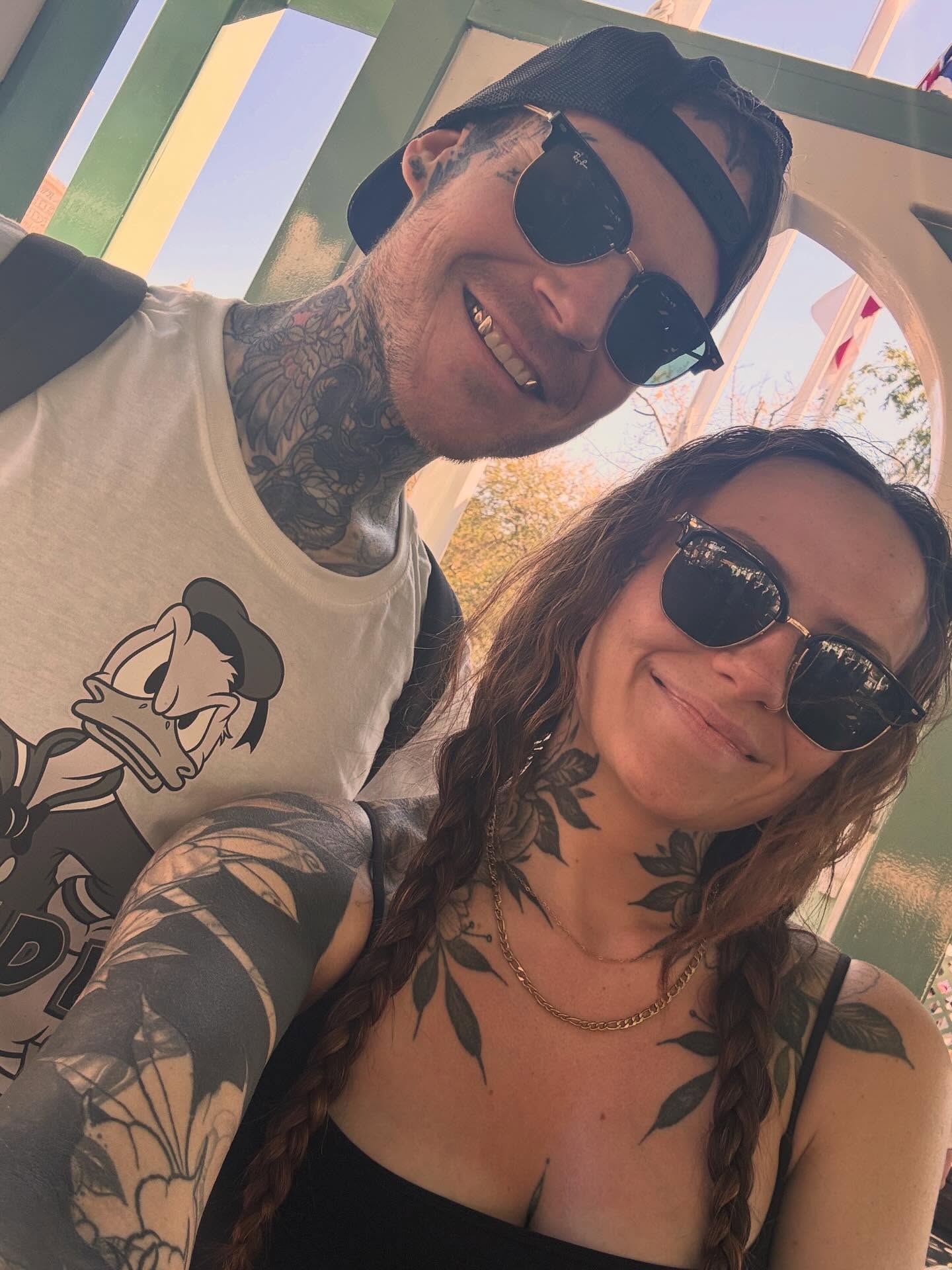 Tattooed couple American traditional tattoo on the chest by Gabrielle Mack