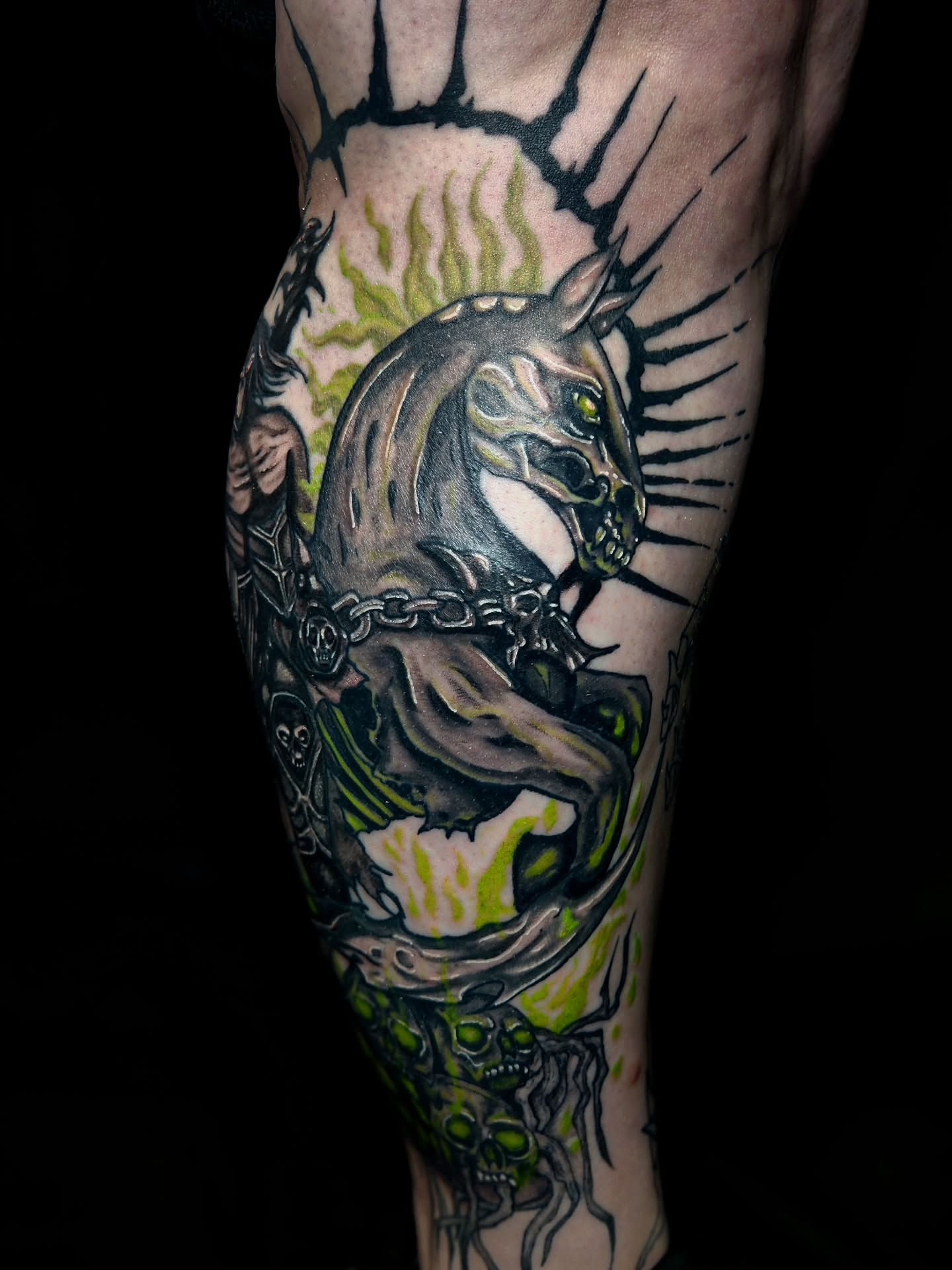 Horsey creature dark realism tattoo on the forearm by Ashly Renee