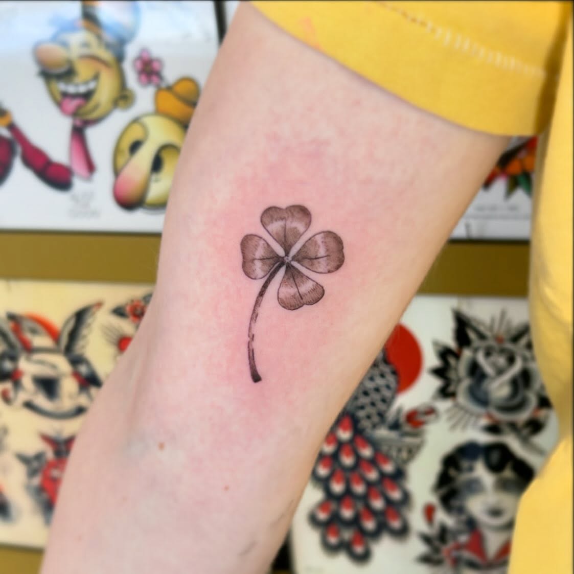 Four-leaf clover black and grey tattoo on the forearm by 🕸🖤Kass🖤🕸