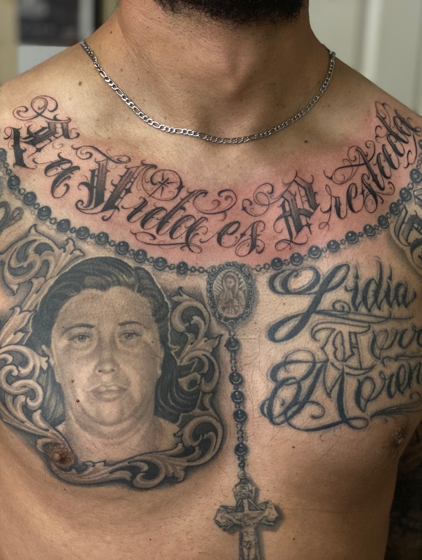 Portrait of a woman realism tattoo on the chest by Shadoww Espinoza
