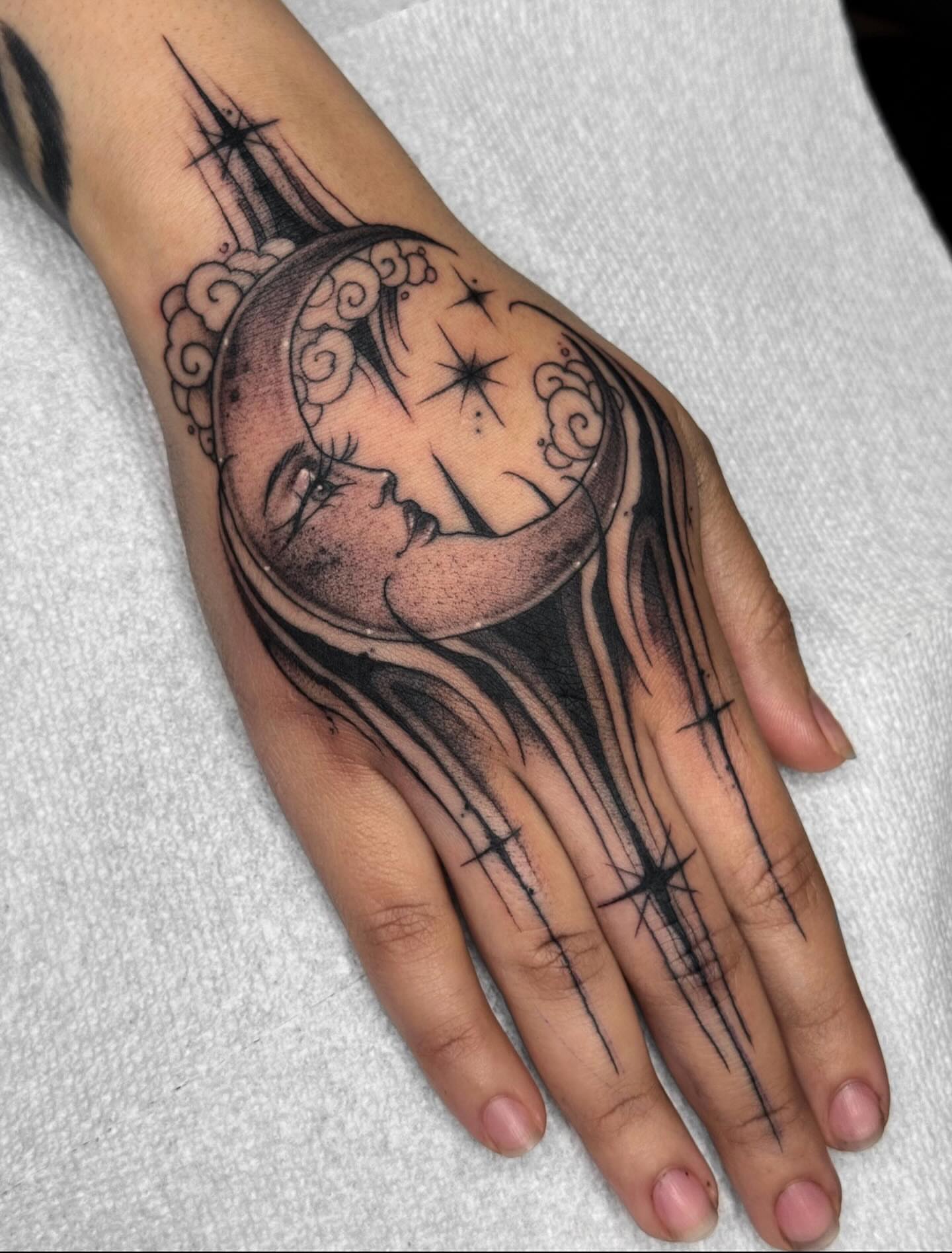 Moon and face realism tattoo on the hand by ☠︎ Mikayla Benson  ☠︎
