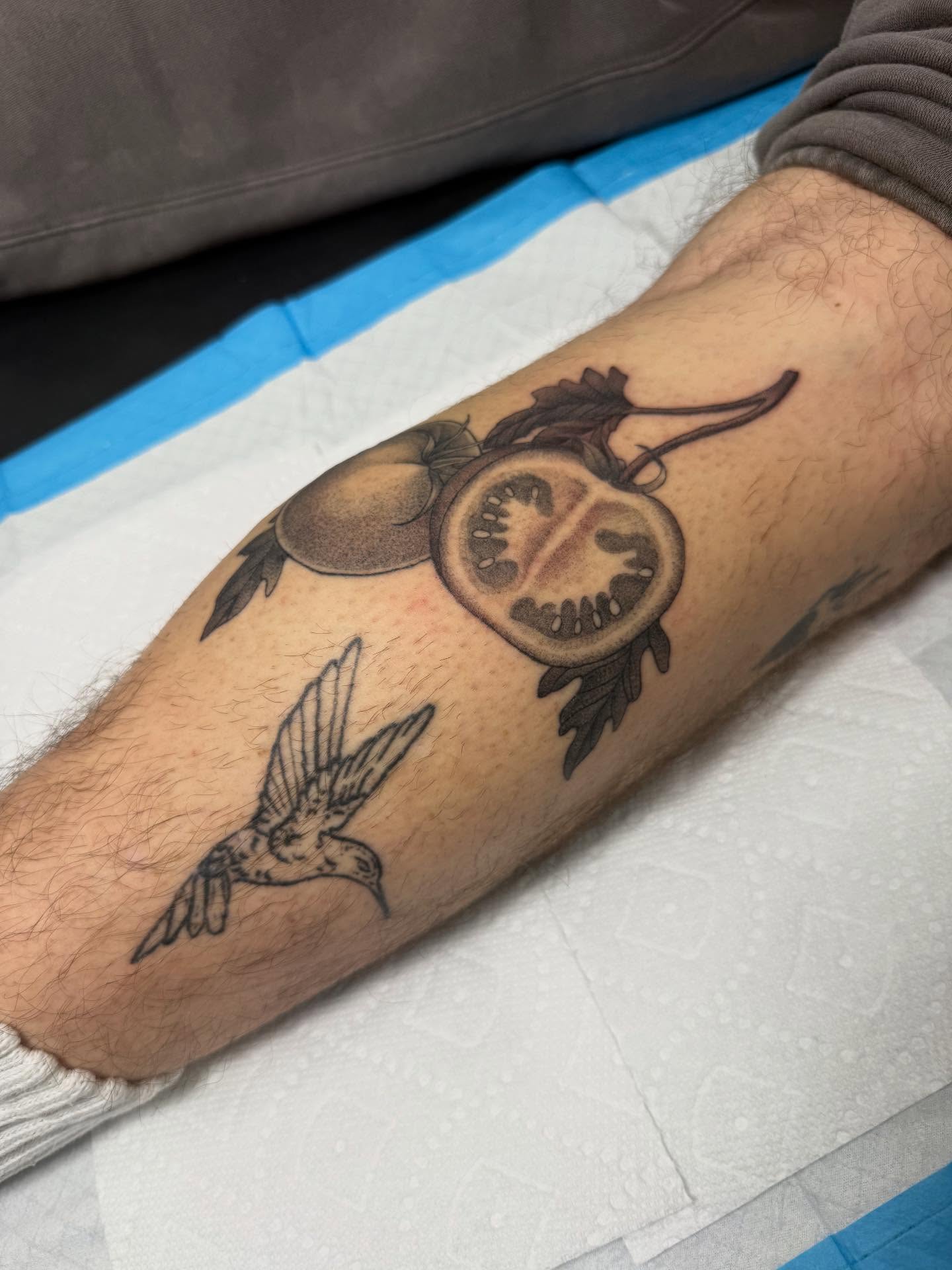 Tomato and hummingbird black and grey tattoo on the forearm by Maddie Jo DeYoung