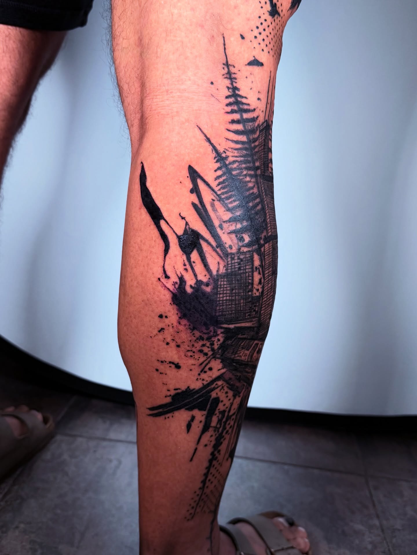 Cityscape dotwork tattoo on the forearm by Georgios Papadopoulos Tattoo Artist Los