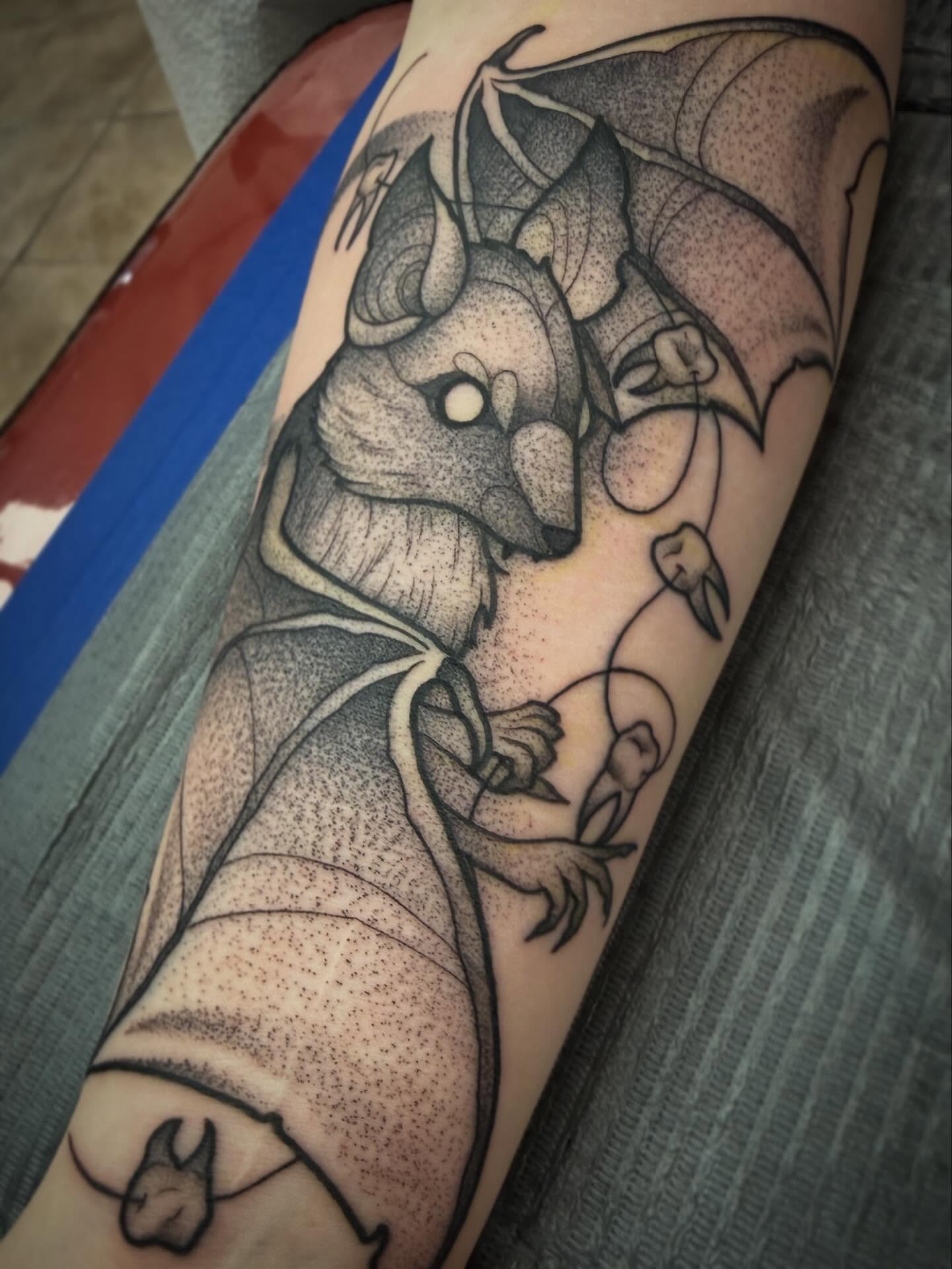 Bat dotwork tattoo on the forearm by ☠Tanner Peterson☠, Knoxville, Iowa
