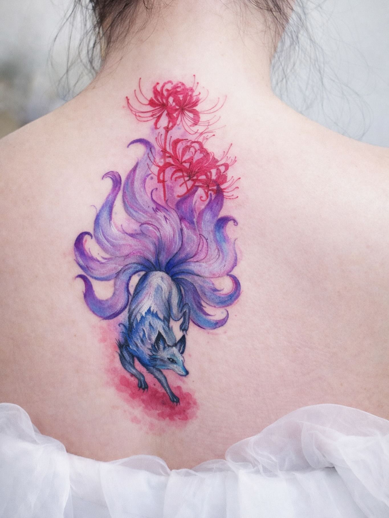 Fox and flowers watercolor tattoo on the back by New Root Ink _Studio