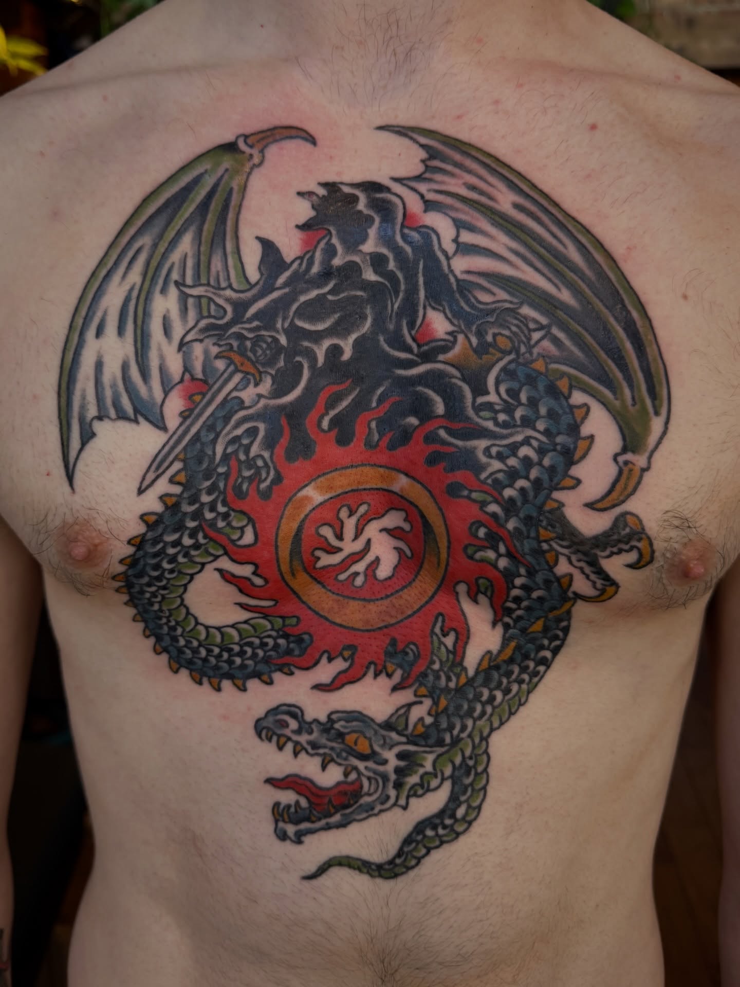 Dragon japanese irezumi tattoo on the chest by Jesse Swanson, Santa Rosa, California