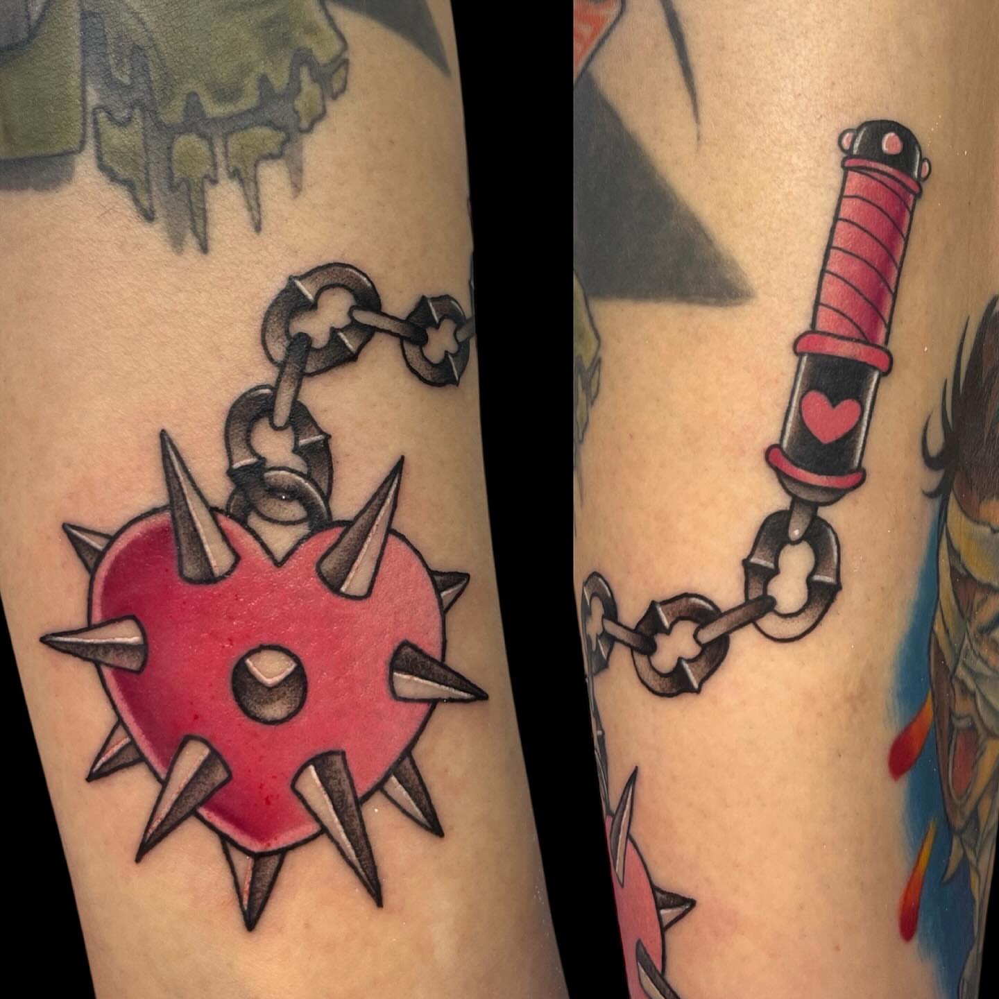 Spiked heart with chain American traditional tattoo on the forearm by Nicole Skalski