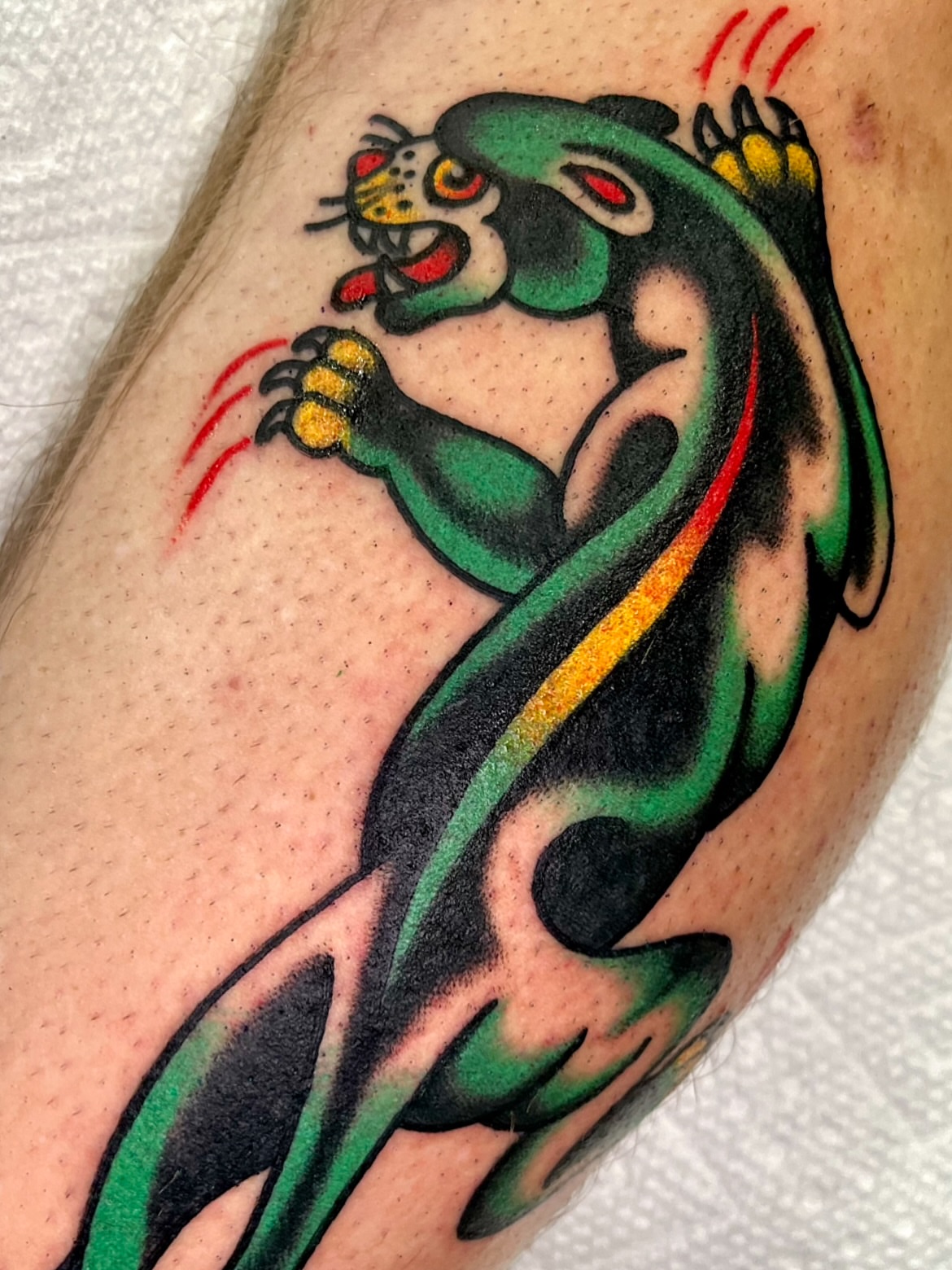 Leopard American traditional tattoo on the forearm by π΅ππππ π¬ππππ