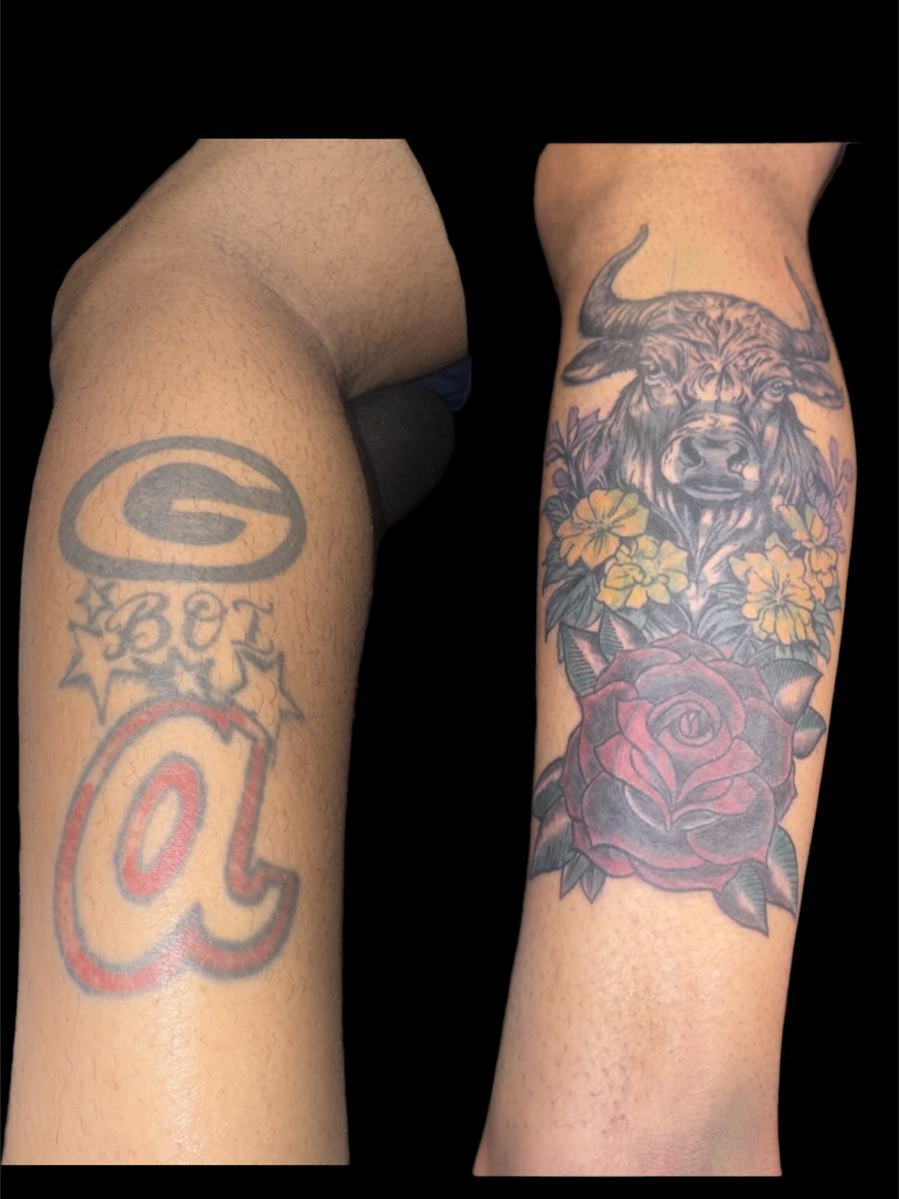 Bull and flowers American traditional tattoo on the forearm by Jihaad staley π¦, Charlotte, North Carolina