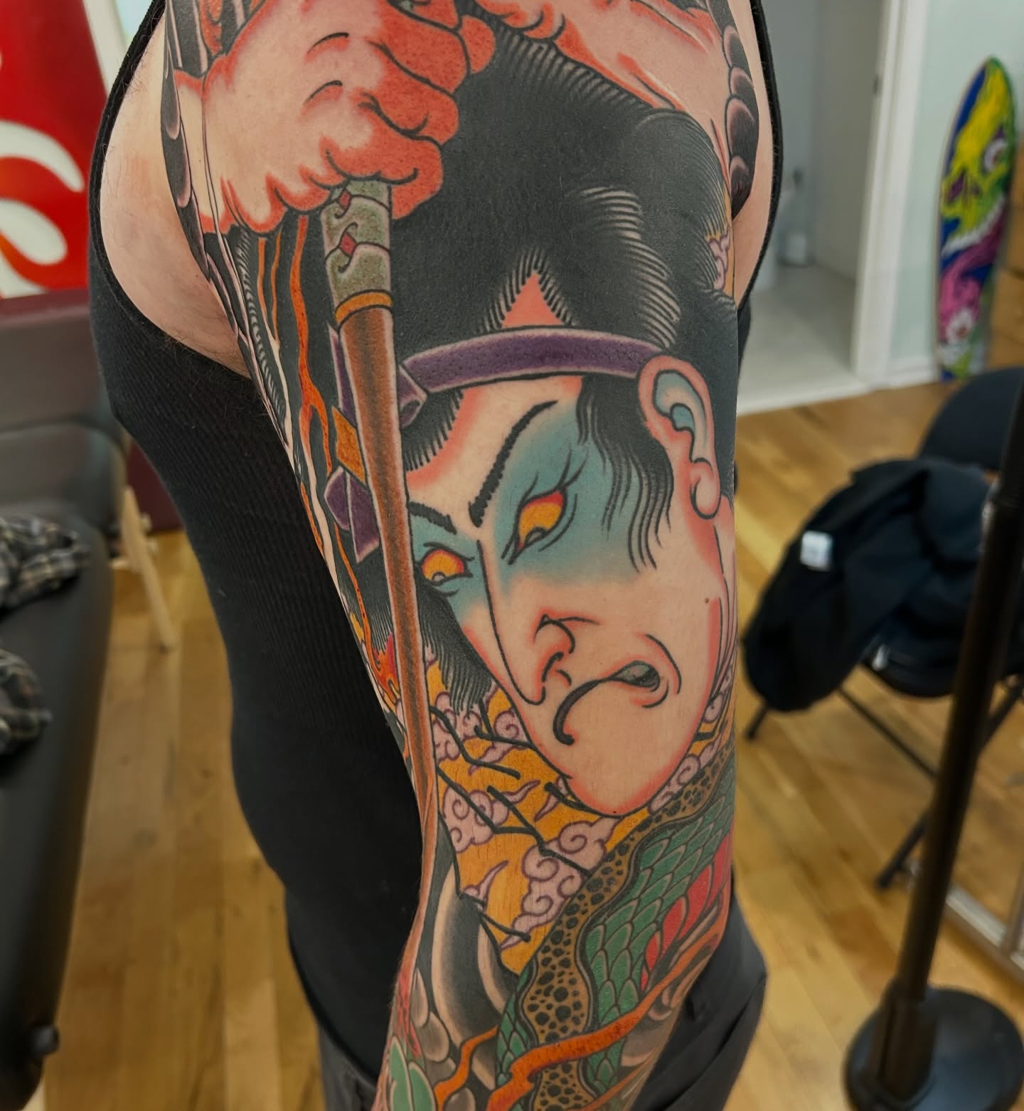 Geisha with sword japanese irezumi tattoo on the forearm by Craig Gardyan