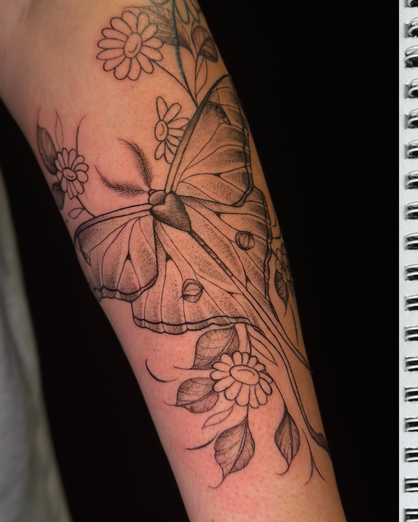 Butterfly and flowers dotwork tattoo on the forearm by Hues 🦤 Clarksville Fine Line and Blackwork