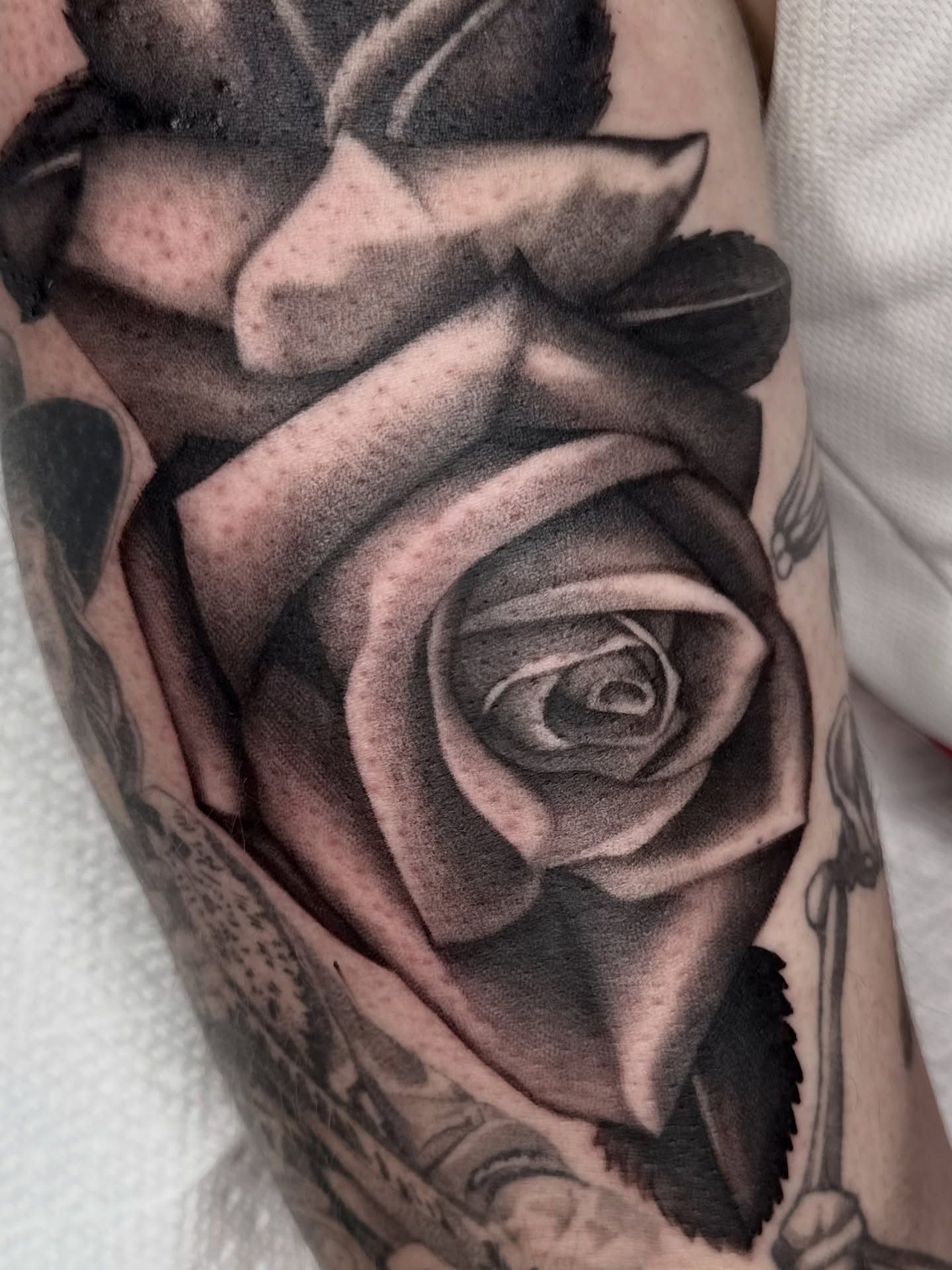Rose realism tattoo on the forearm by Joe Weber, Monona, Wisconsin
