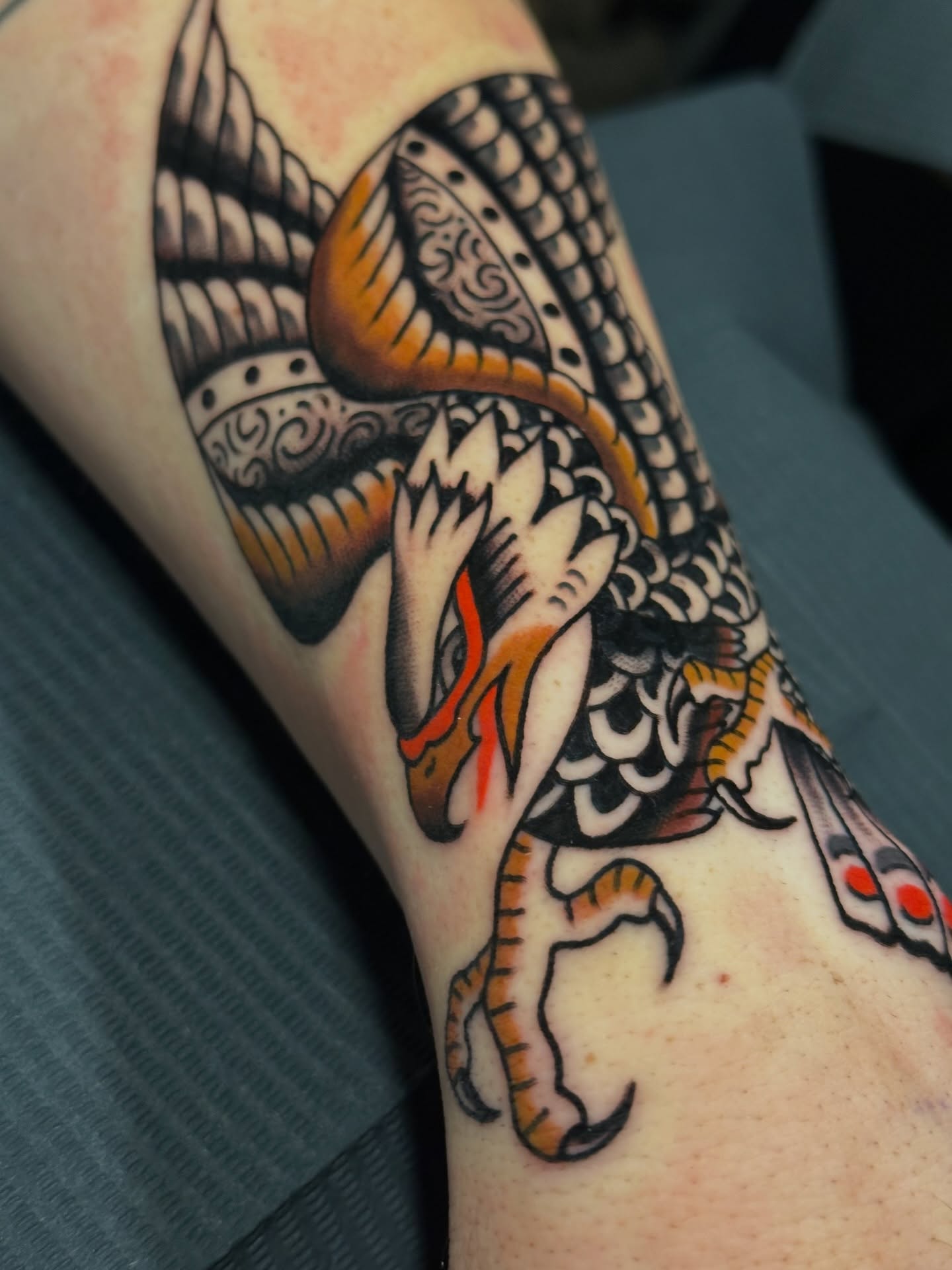 Dragon American traditional tattoo on the forearm by A.j. Lingerfeldt, Nashville, Tennessee