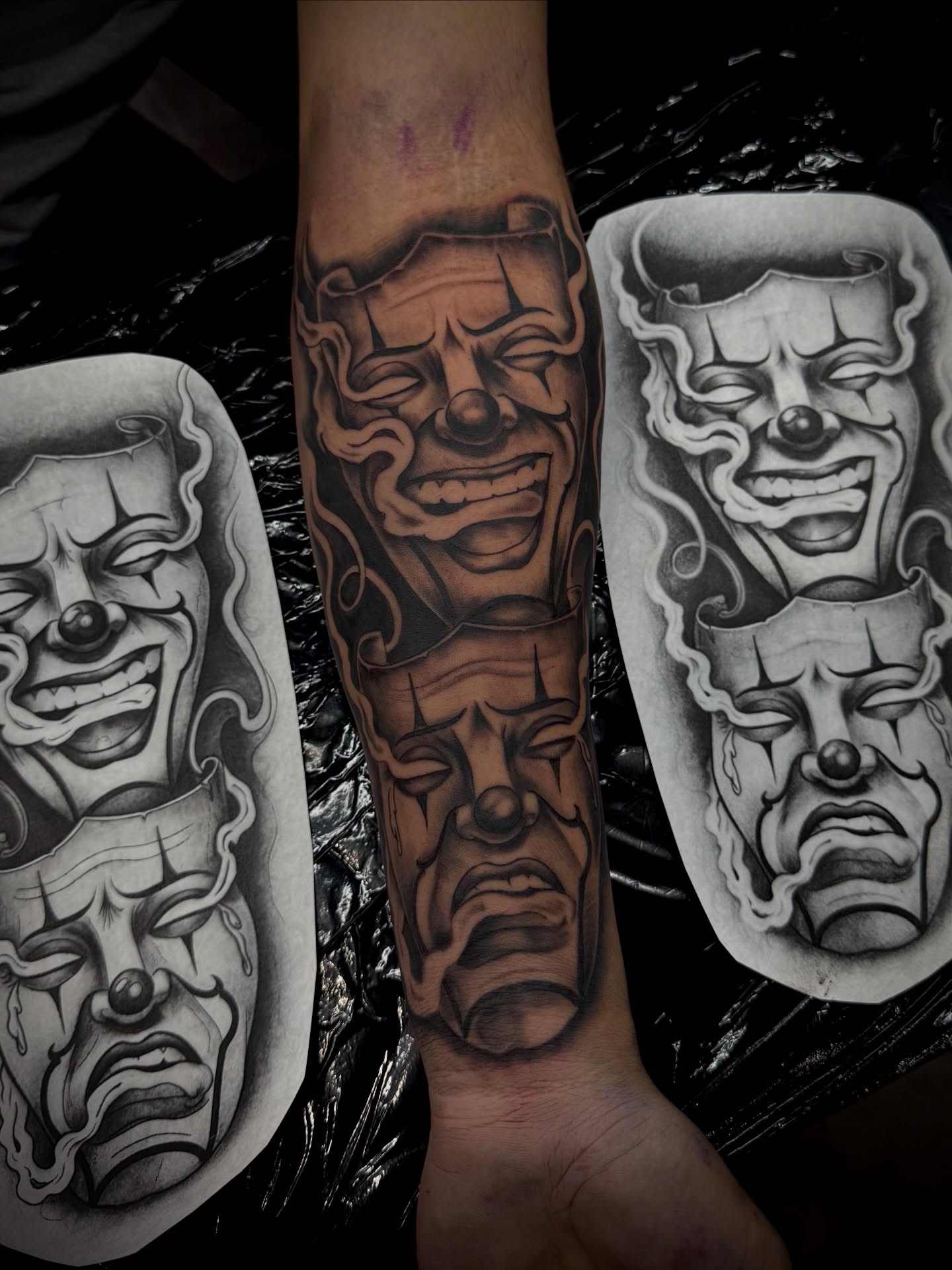 Clown faces black and grey tattoo on the forearm by Santi🎲