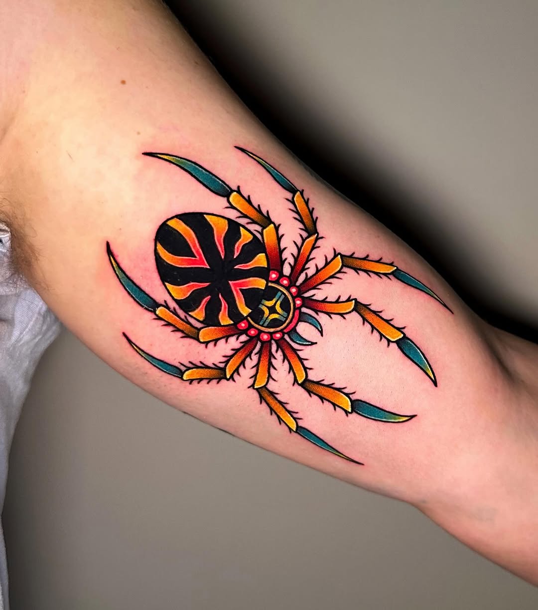 Spider American traditional tattoo on the forearm by Gabby Tolley🌛