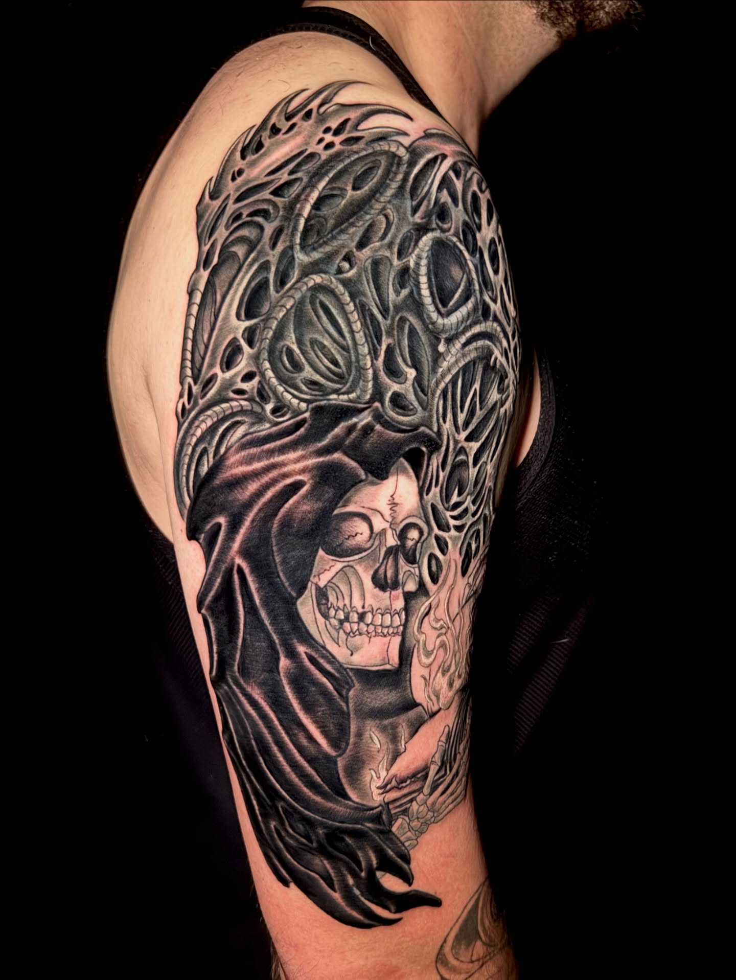 Tattoo by @amberbananafish — dark_realism, black_and_grey