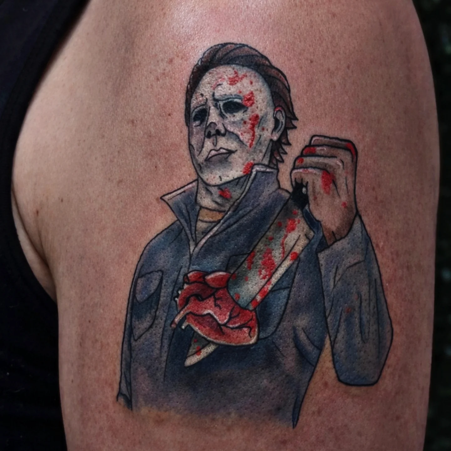 Michael Myers realism tattoo on the thigh by Marlayna Connelly
