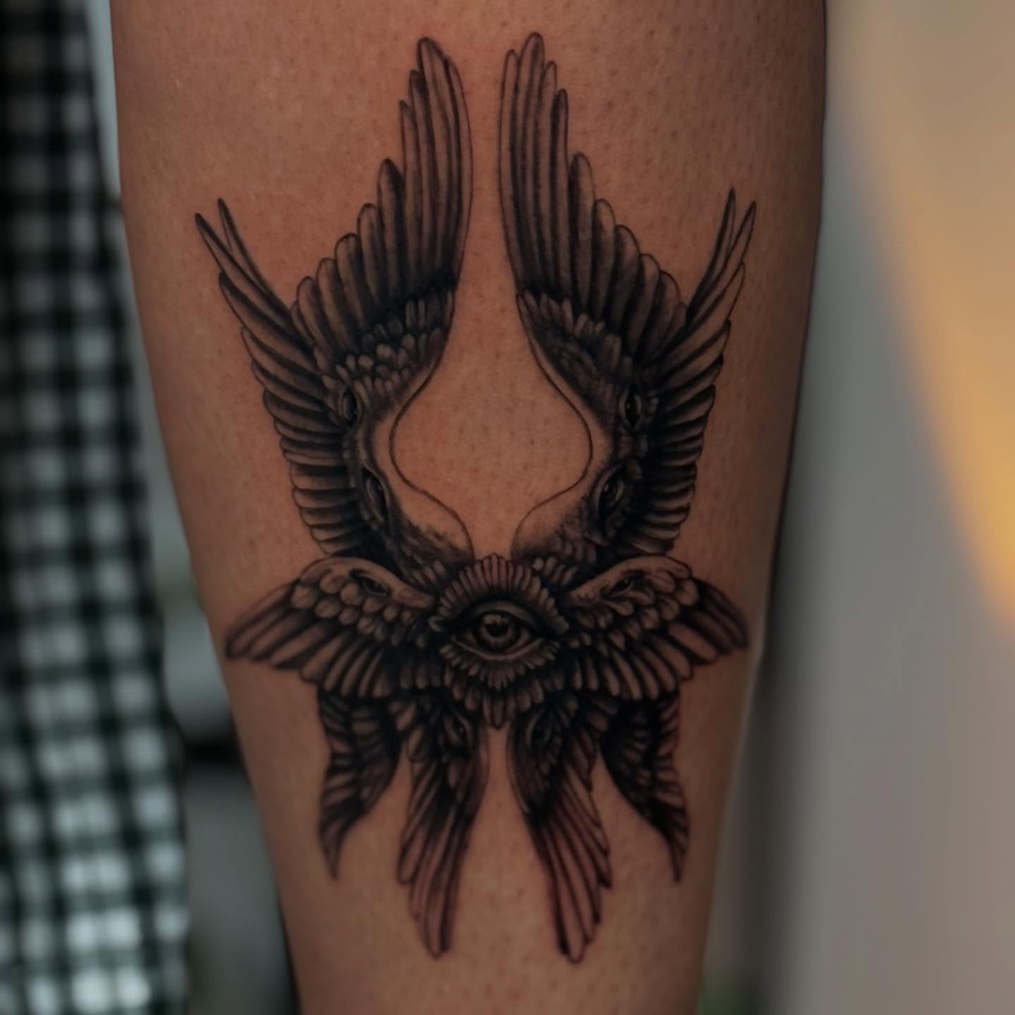Wings and eye black and grey tattoo on the forearm by ♍️𝒾𝒸𝒽𝑒𝓁𝓁𝑒⁺‧₊˚ ཐི⋆♱⋆ཋྀ ˚₊‧⁺, Charlotte, North Carolina