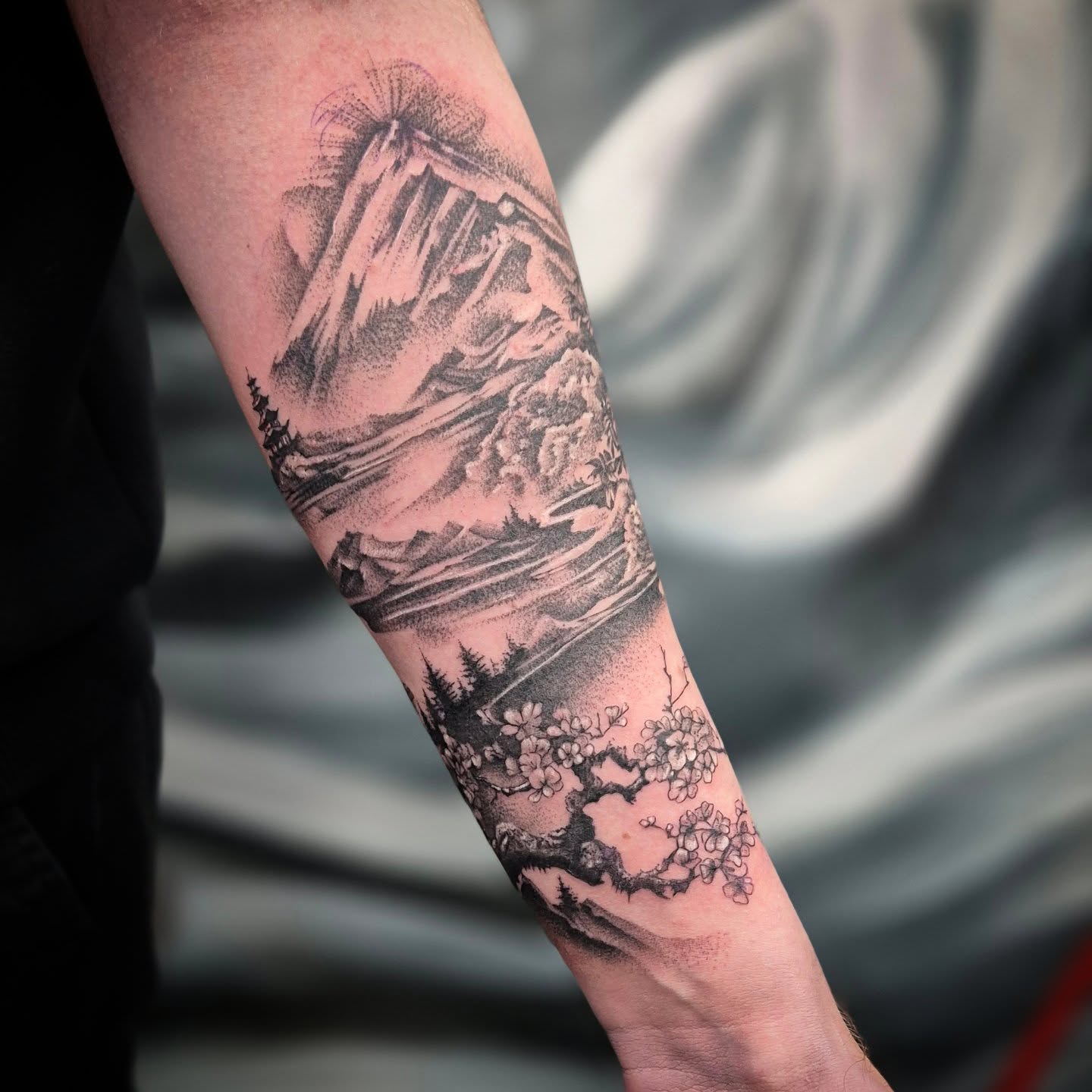 Mountain landscape dotwork tattoo on the forearm by Тату Херсон _ Kherson tattoo, Kherson