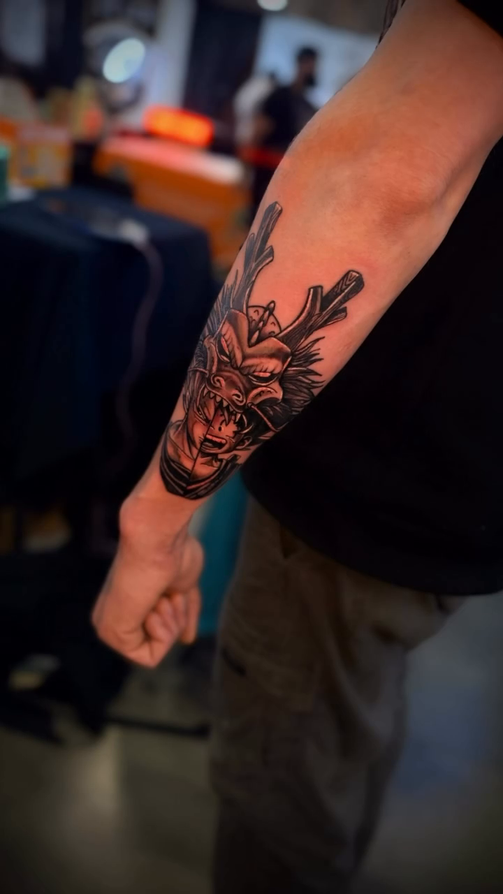 Tattoo by @inkgawd โ japanese_irezumi, black_and_grey