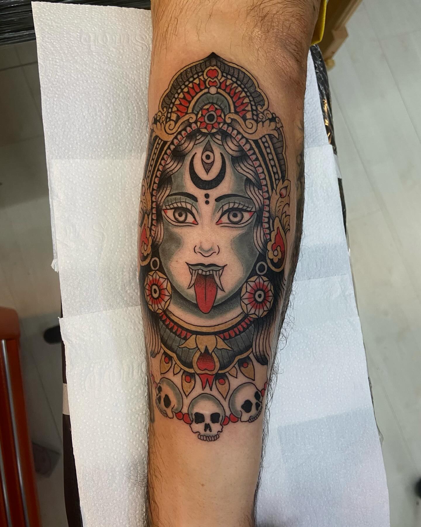 Demoness American traditional tattoo on the forearm by Lucas Naganuma