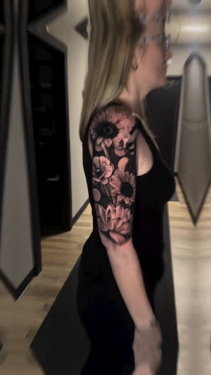 Floral sleeve with skulls realism tattoo by ๐๐๐๐ ๐๐๐๐