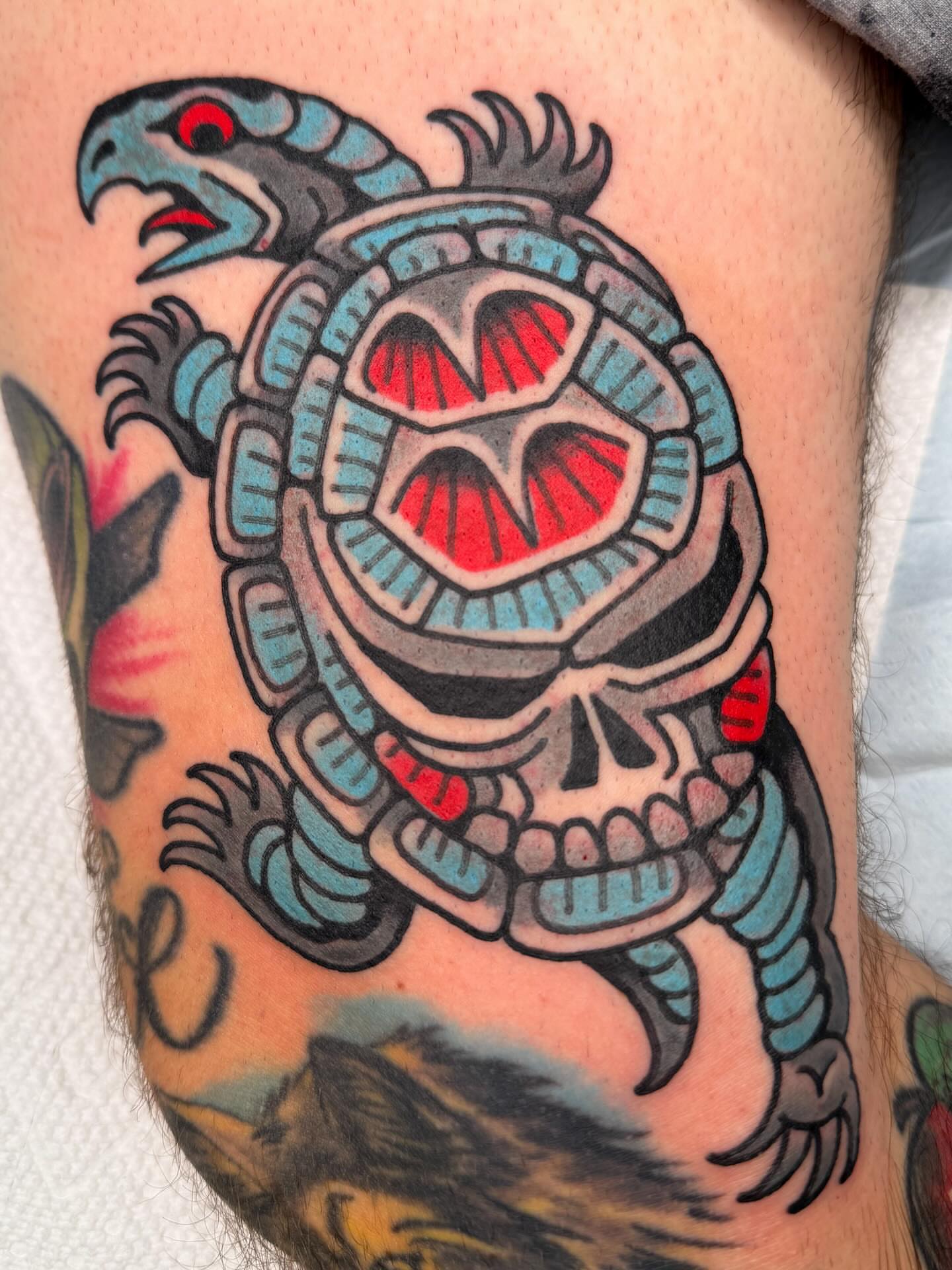 Turtle American traditional tattoo on the thigh by Danny Reed, Asheville, North Carolina