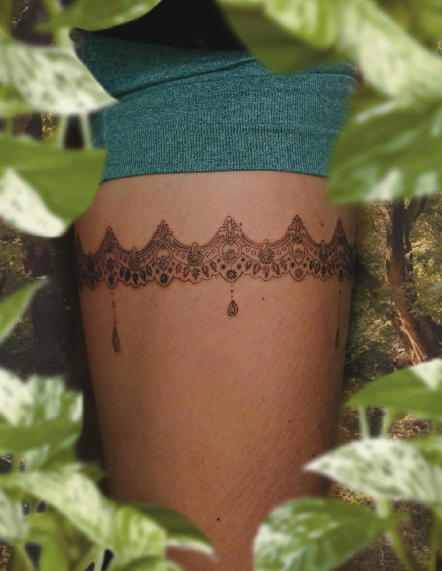 Lace ornamental tattoo on the thigh by 🌱Kennedy🌱