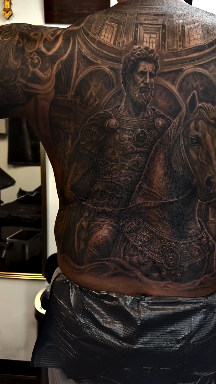 Roman emperor on horseback realism tattoo by Michael Tovar