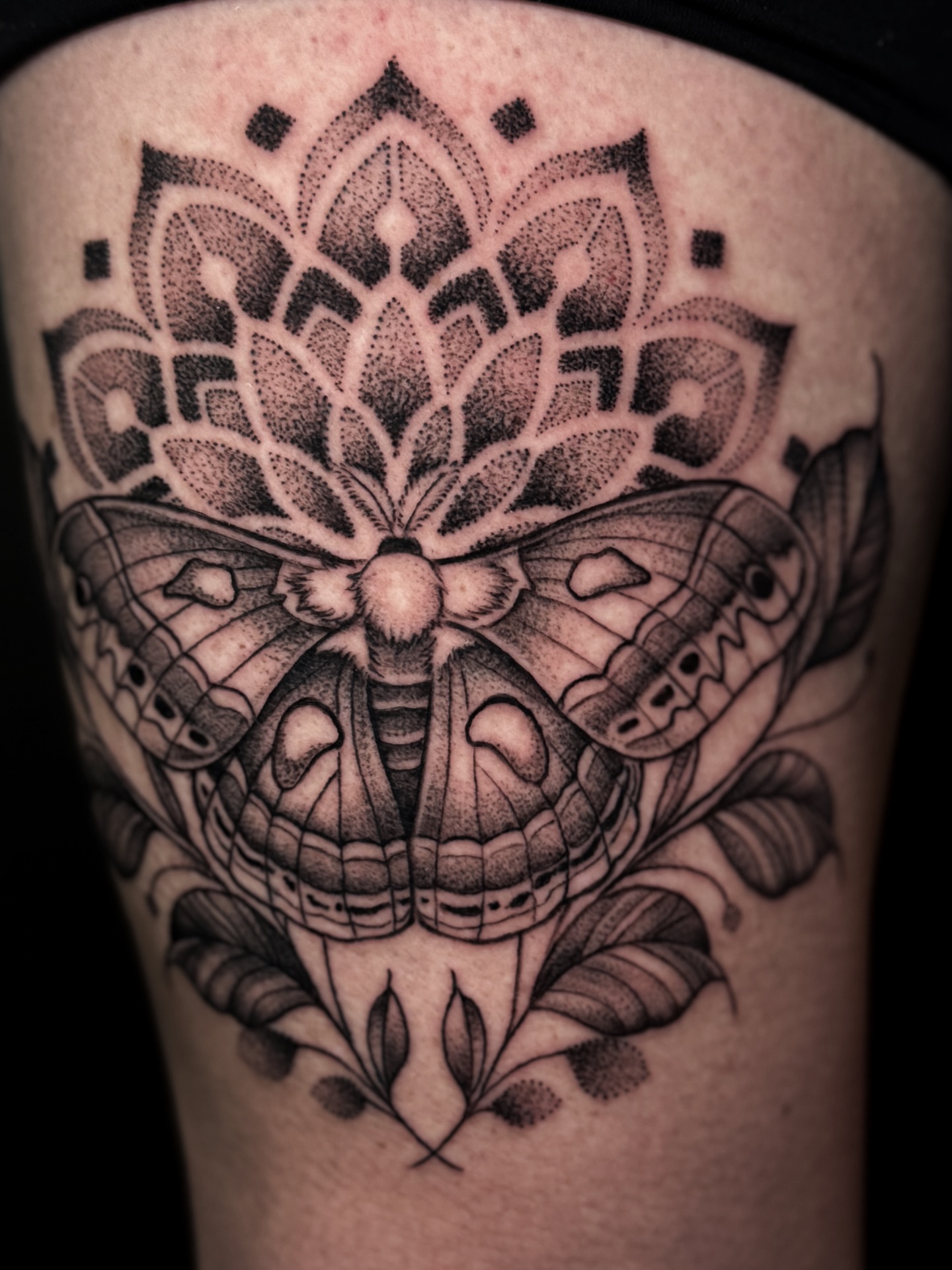 Butterfly and lotus dotwork tattoo on the thigh by Cristen Aro