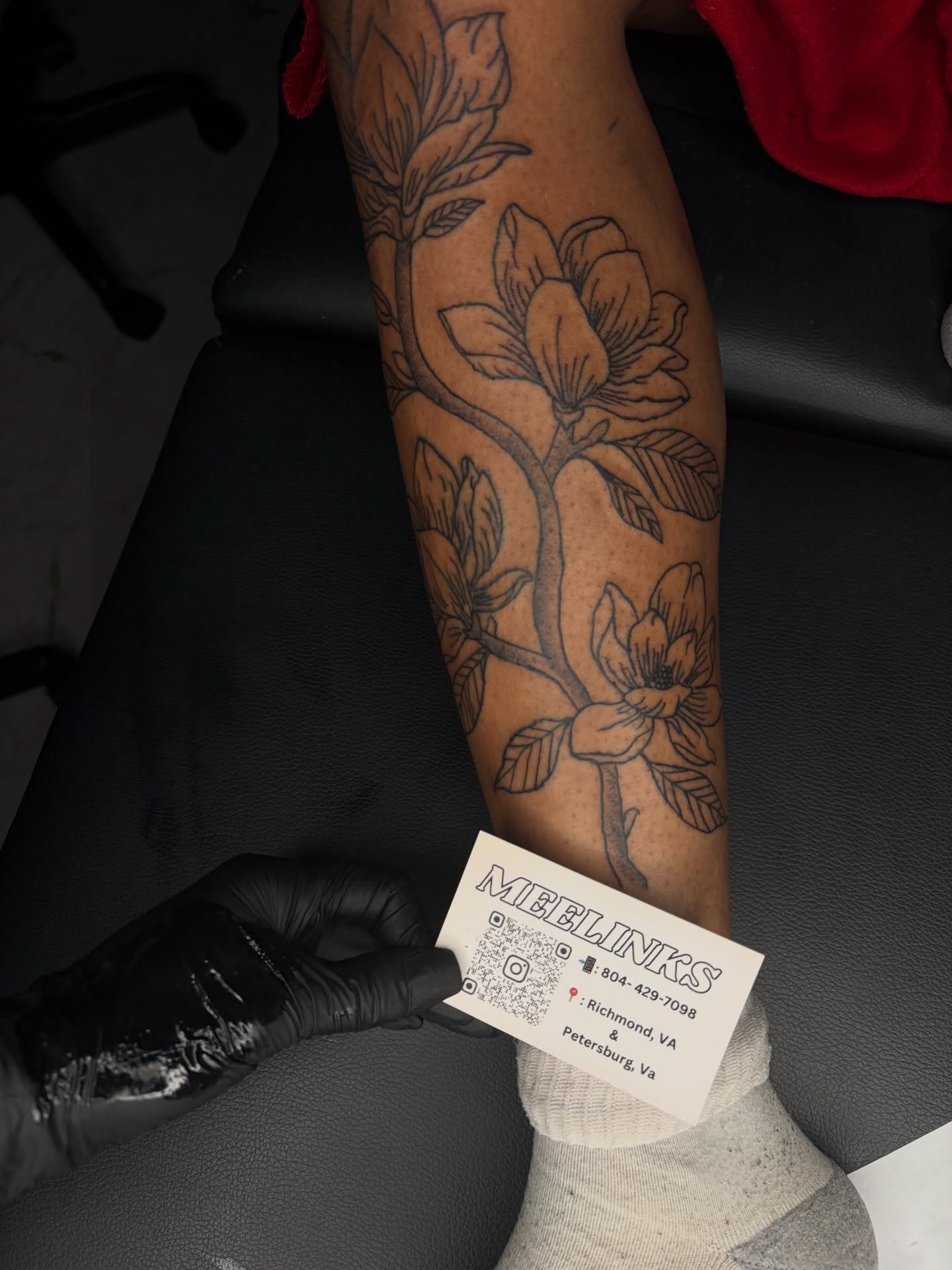 Magnolia flowers black and grey tattoo on the forearm by Meela Inks ๐, Richmond, Virginia