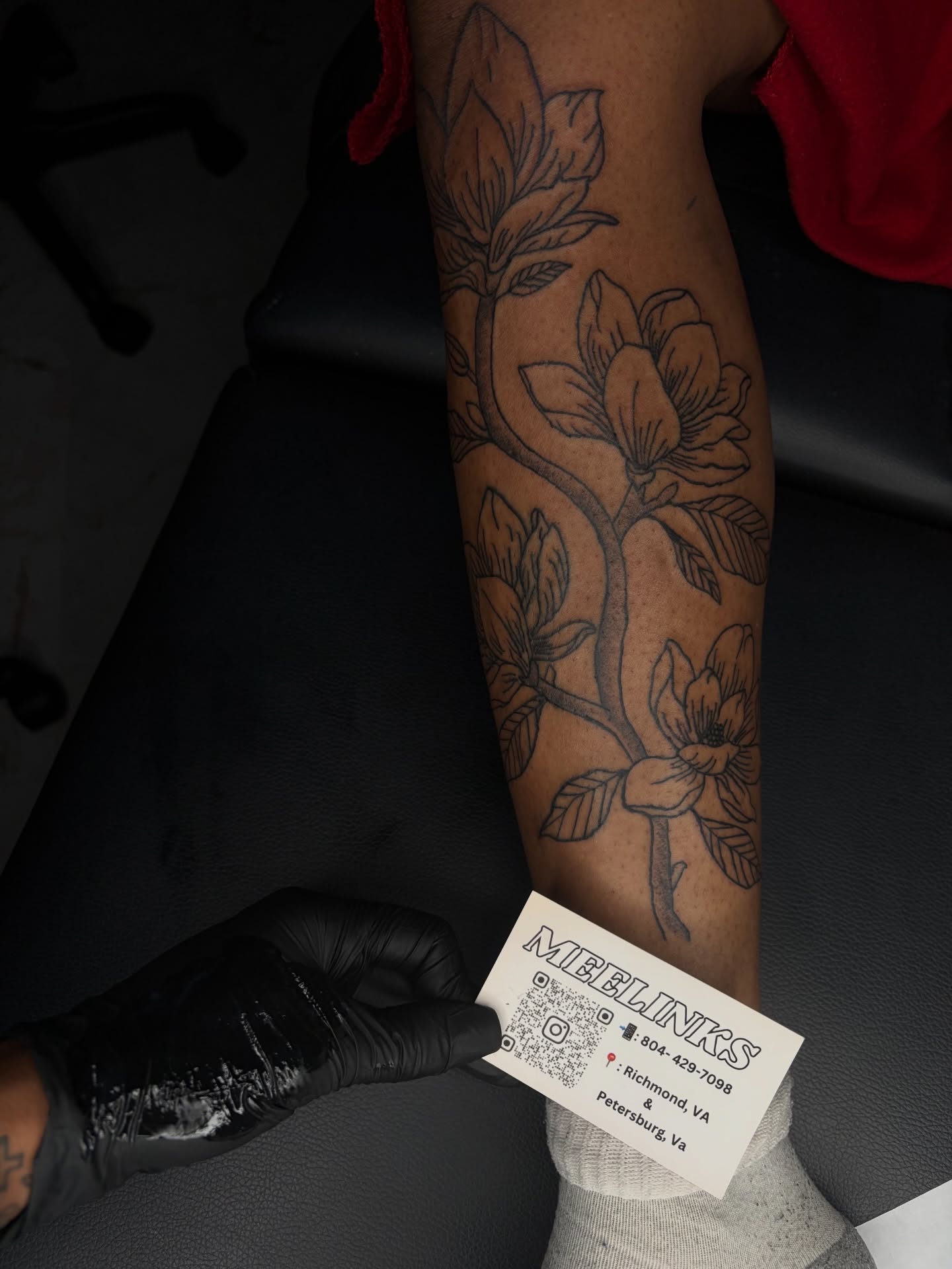 Magnolia flowers black and grey tattoo on the forearm by Meela Inks ๐, Richmond, Virginia