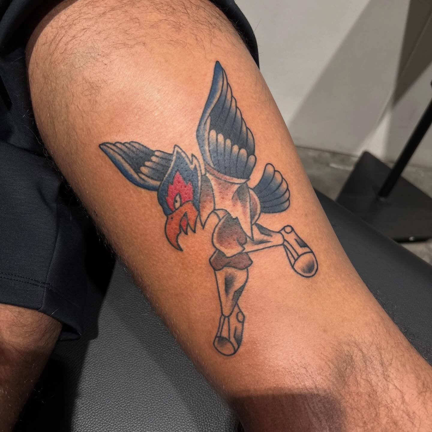 Winged creature American traditional tattoo on the forearm by Dyllan Shipley