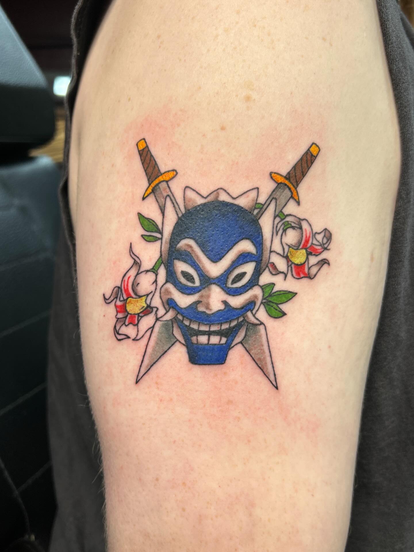 Japanese mask japanese irezumi tattoo on the forearm by Abby Camacho - Tattoo Artist and Piercer โจ๐