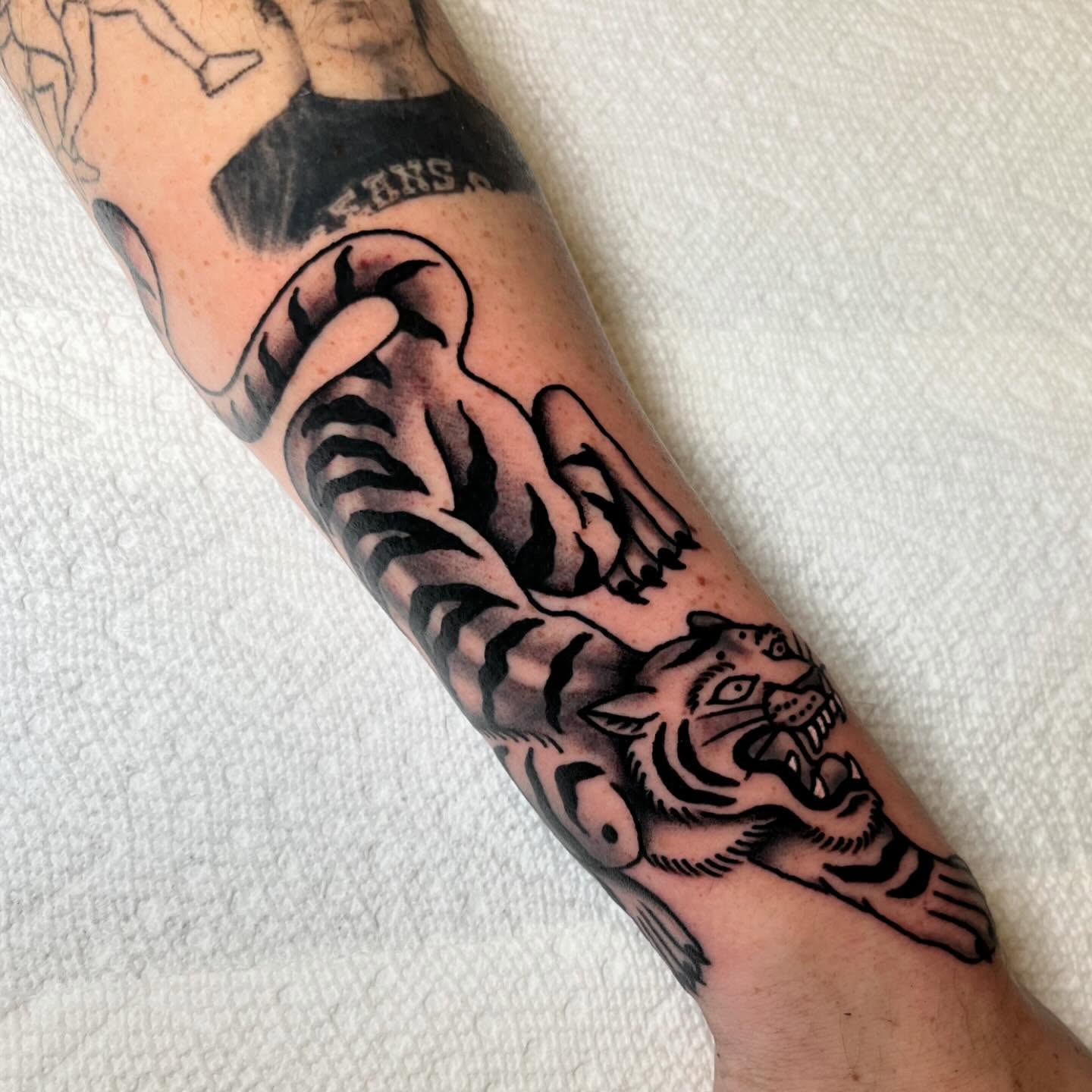 Tiger black and grey tattoo on the forearm by Nova Vaughn