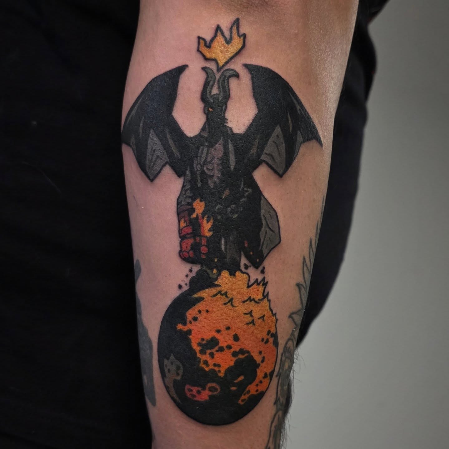 Demon with wings neo-traditional tattoo on the forearm by Lizz Zonno, Naperville, Illinois