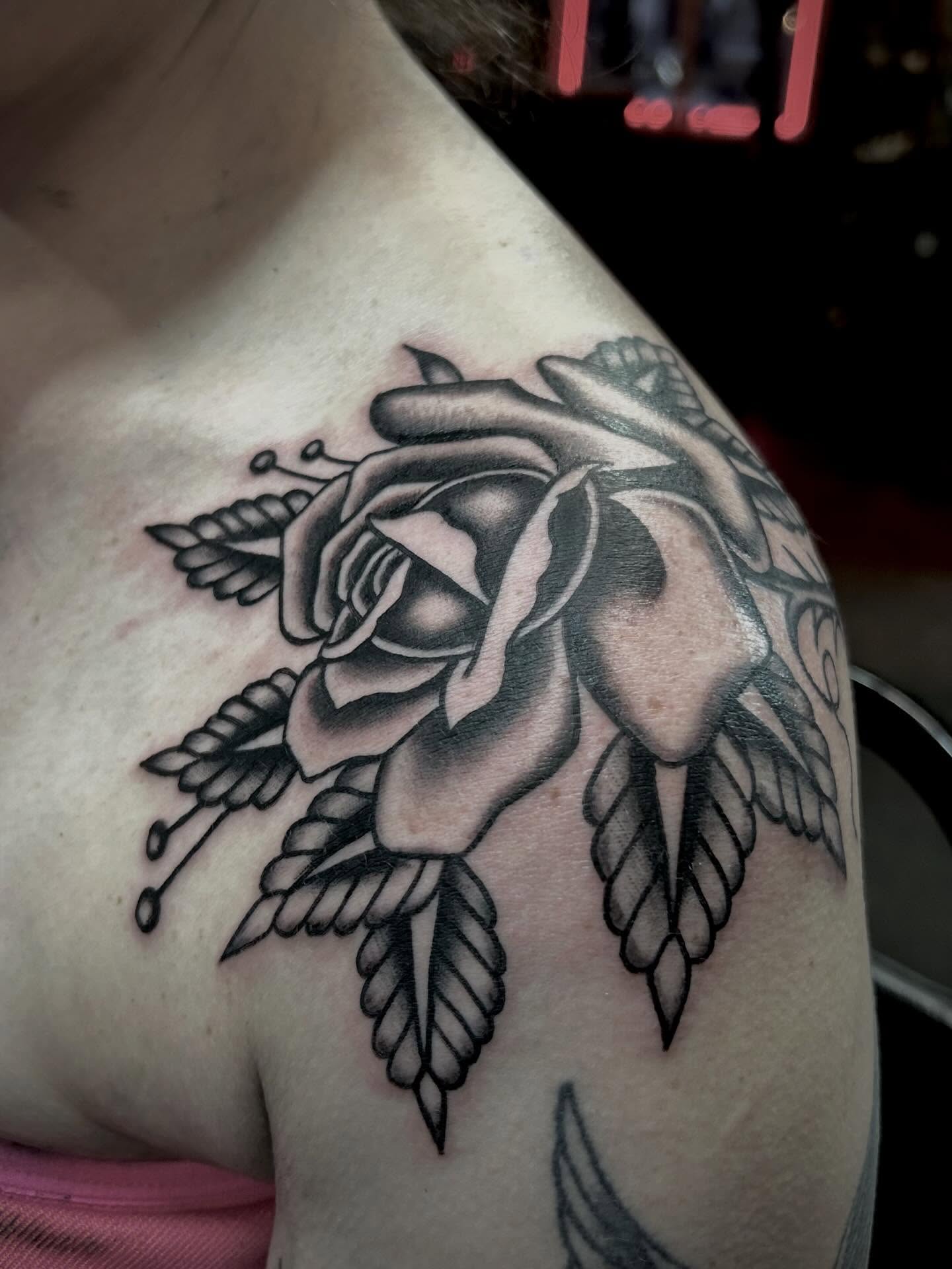 Rose black and grey tattoo on the shoulder by holly danesi . philadelphia tattoo, Philadelphia, Pennsylvania