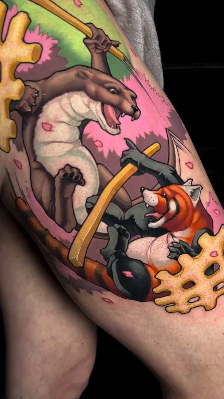 Dragon and red panda with gears new school tattoo by Jon Ronzka
