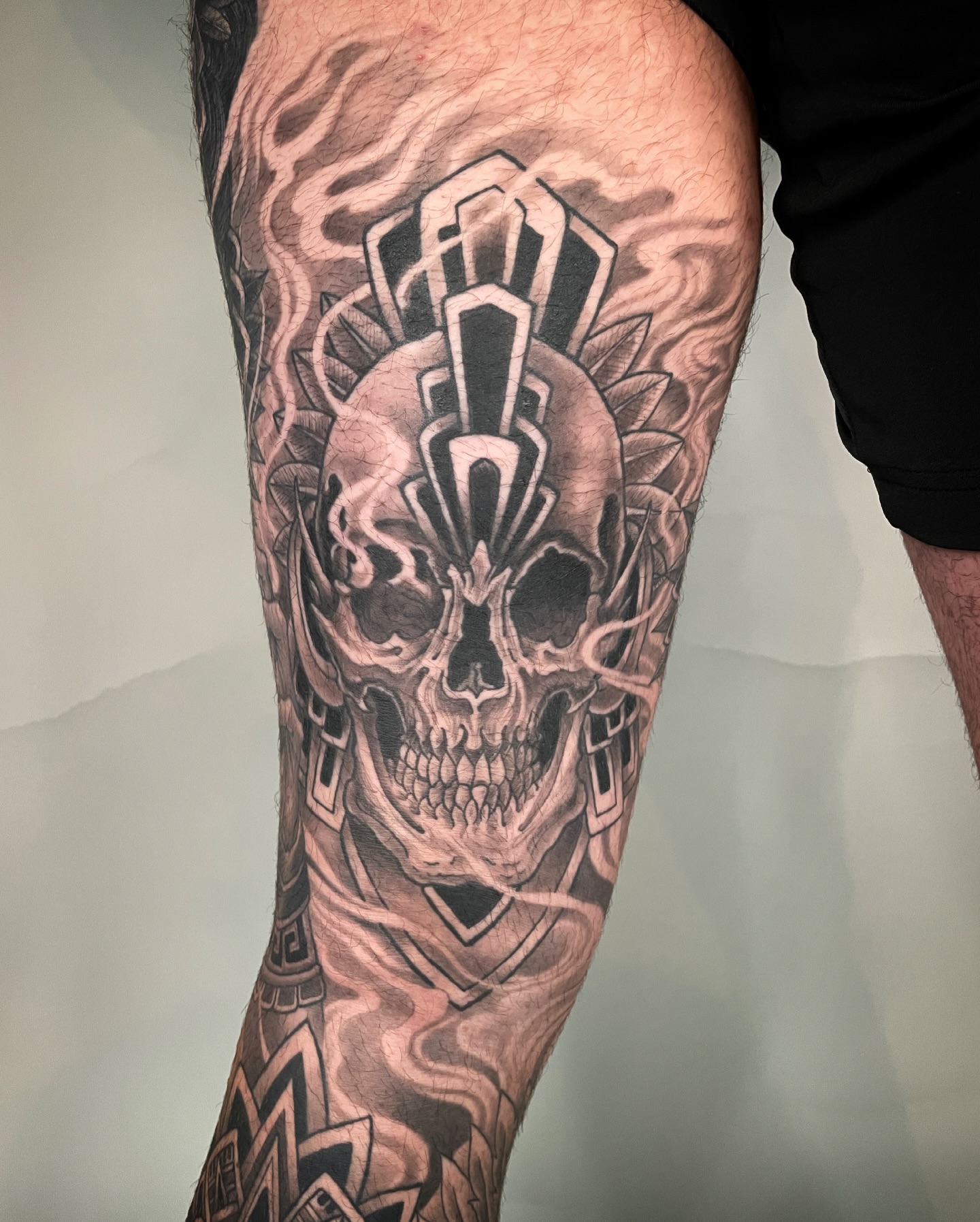 Skull realism tattoo on the thigh by Tattooer by Trade Wannabe Artist at Heart