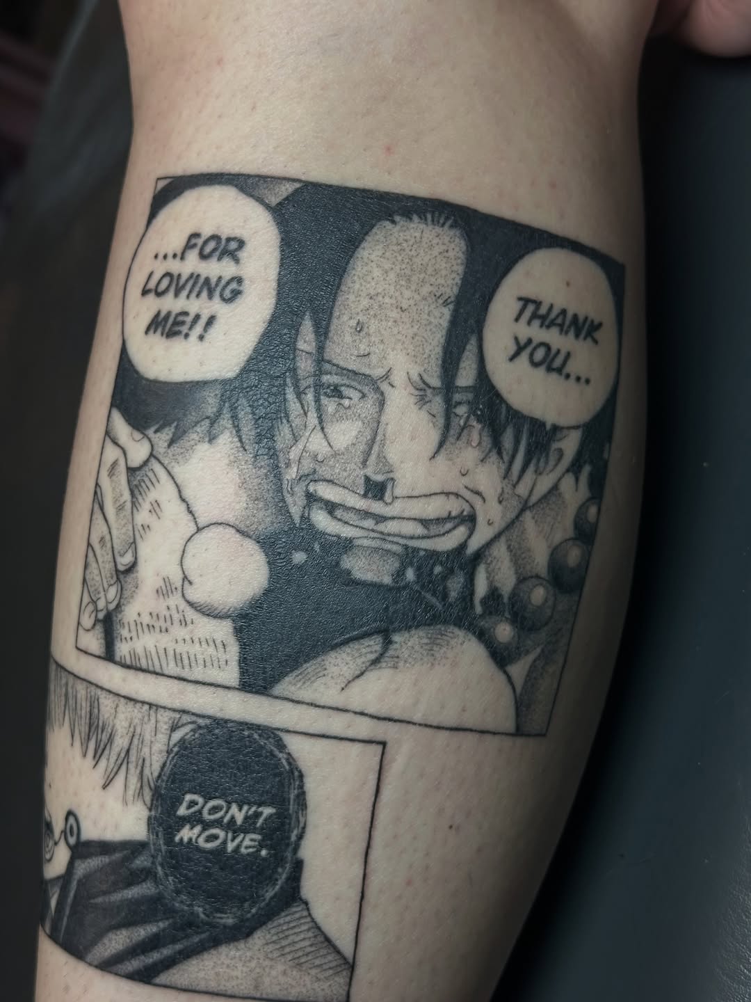 Tattoo by @inkygremlin — anime, black_and_grey