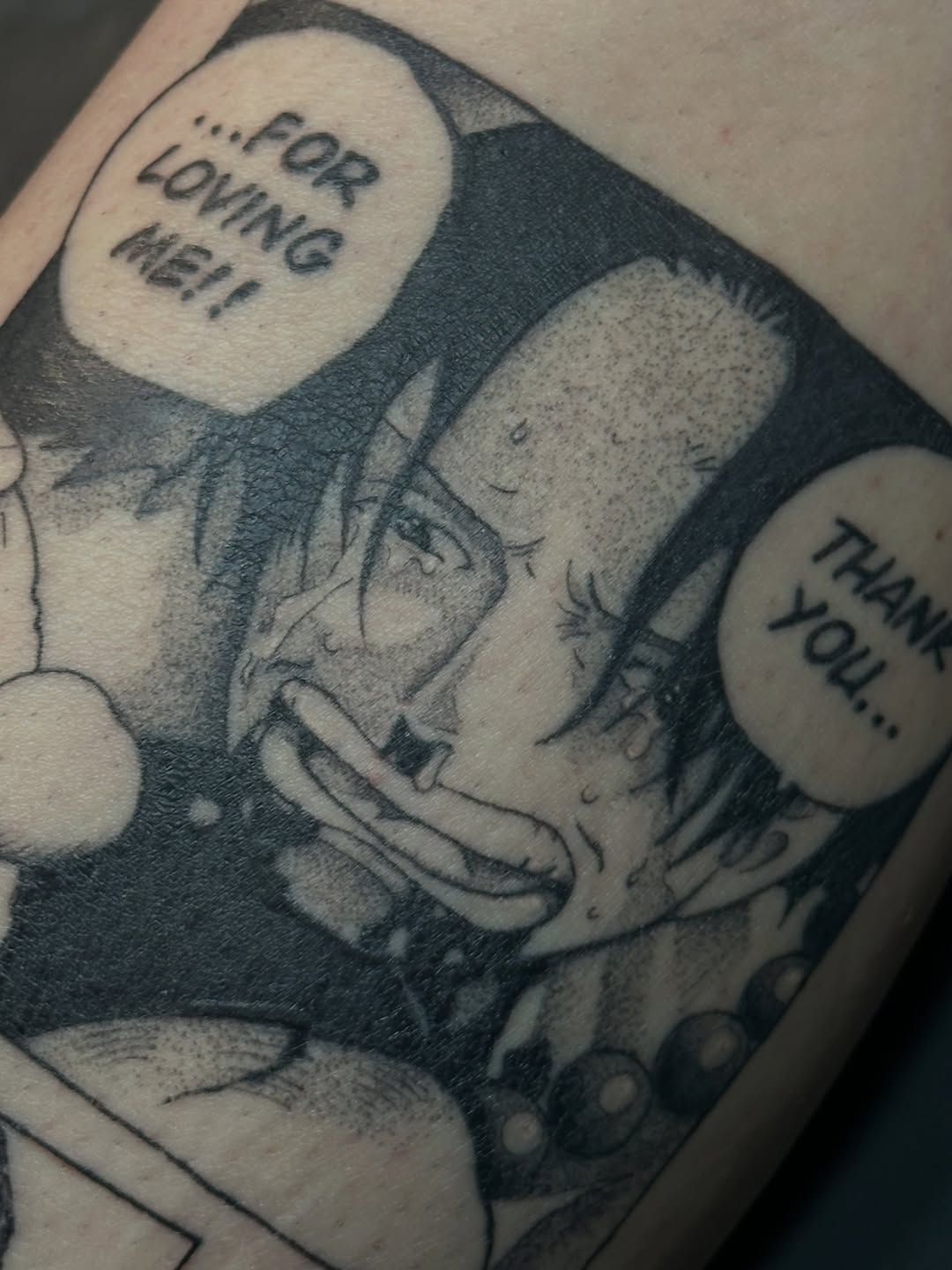 Tattoo by @inkygremlin — anime, black_and_grey