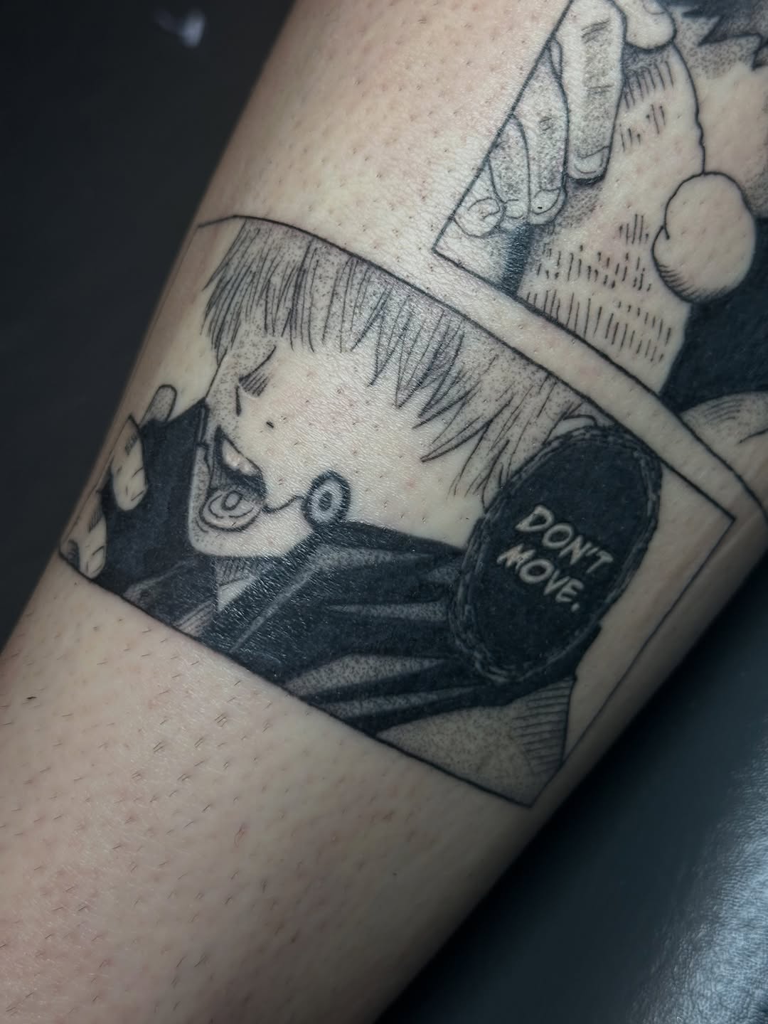 Tattoo by @inkygremlin — anime, black_and_grey