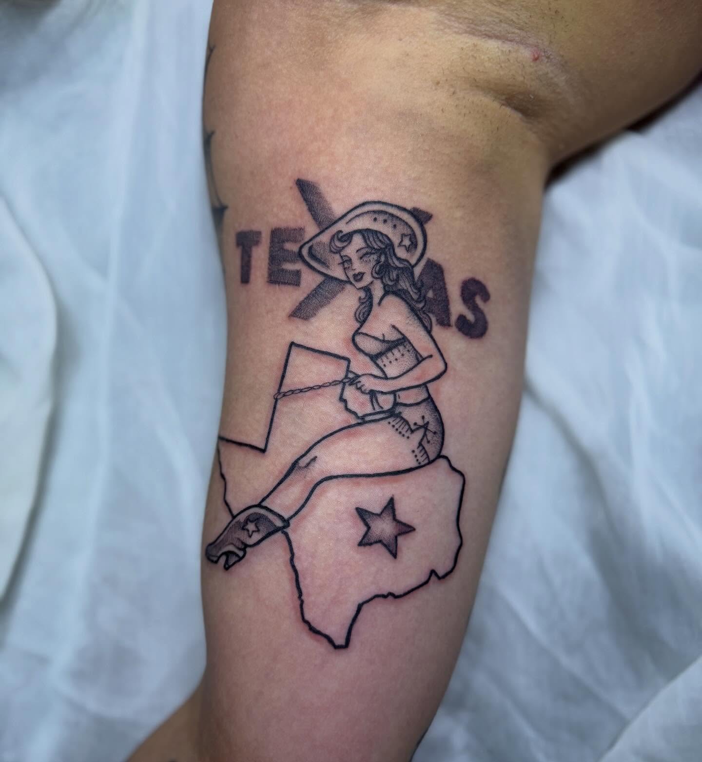 Cowgirl American traditional tattoo on the forearm by Sasha “Sashimi” Shabasov