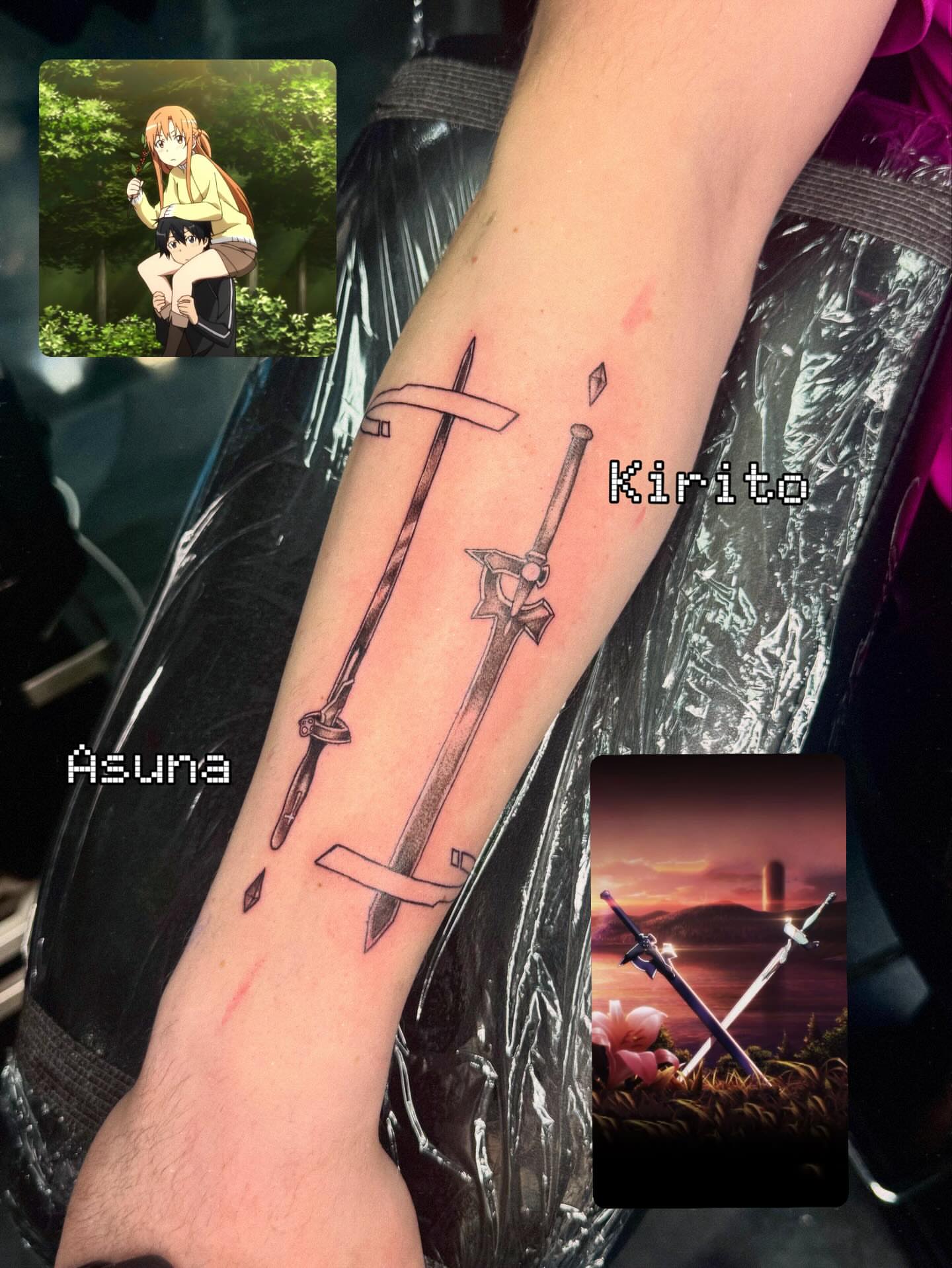 Two swords black and grey tattoo on the forearm by Marie Amor🌙