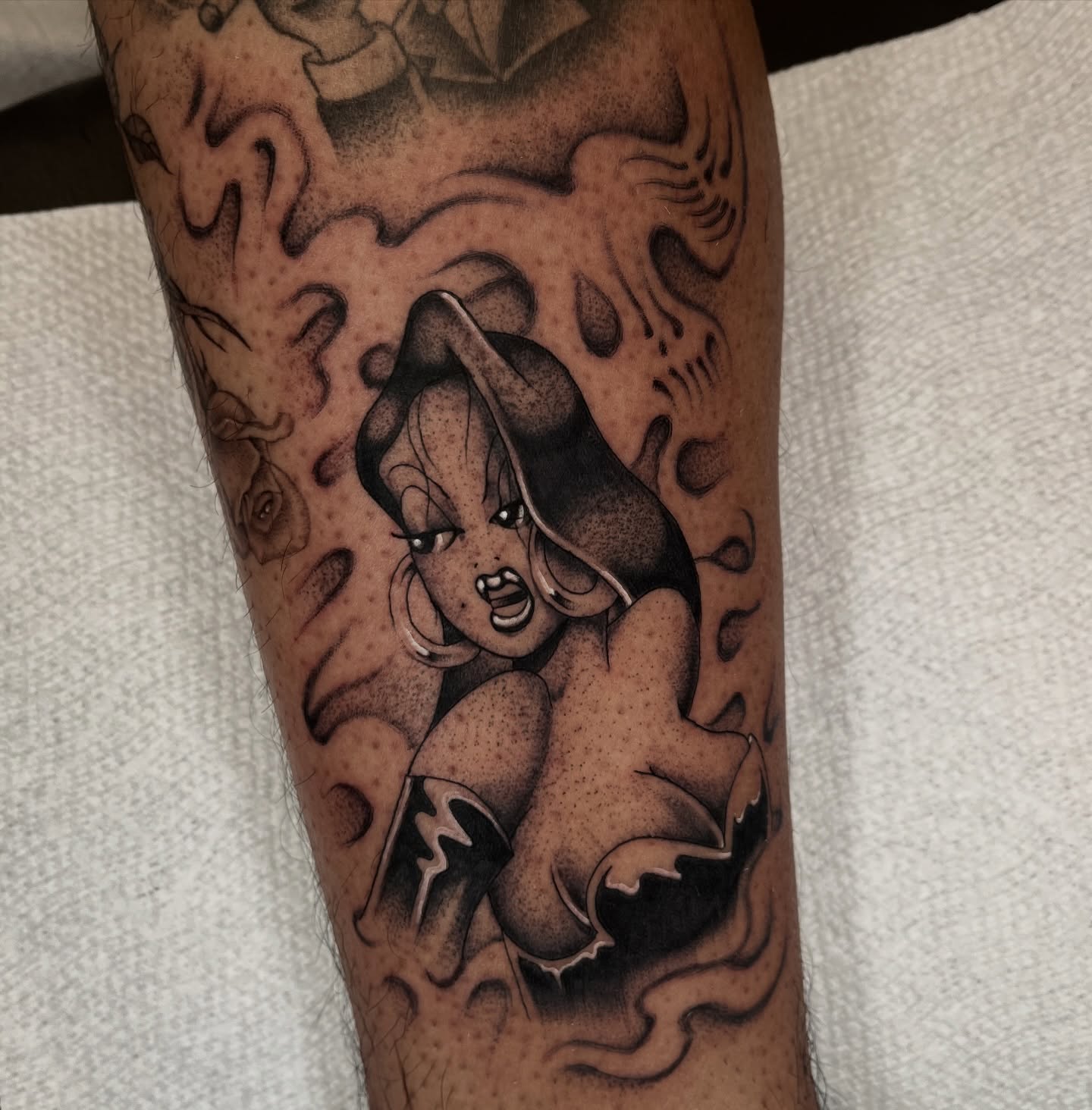 Angry woman dotwork tattoo on the forearm by Jesus Pieces