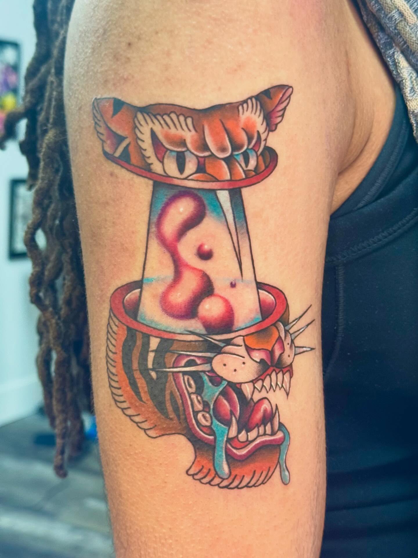 Cat American traditional tattoo on the forearm by Bradleigh Pretti🌟