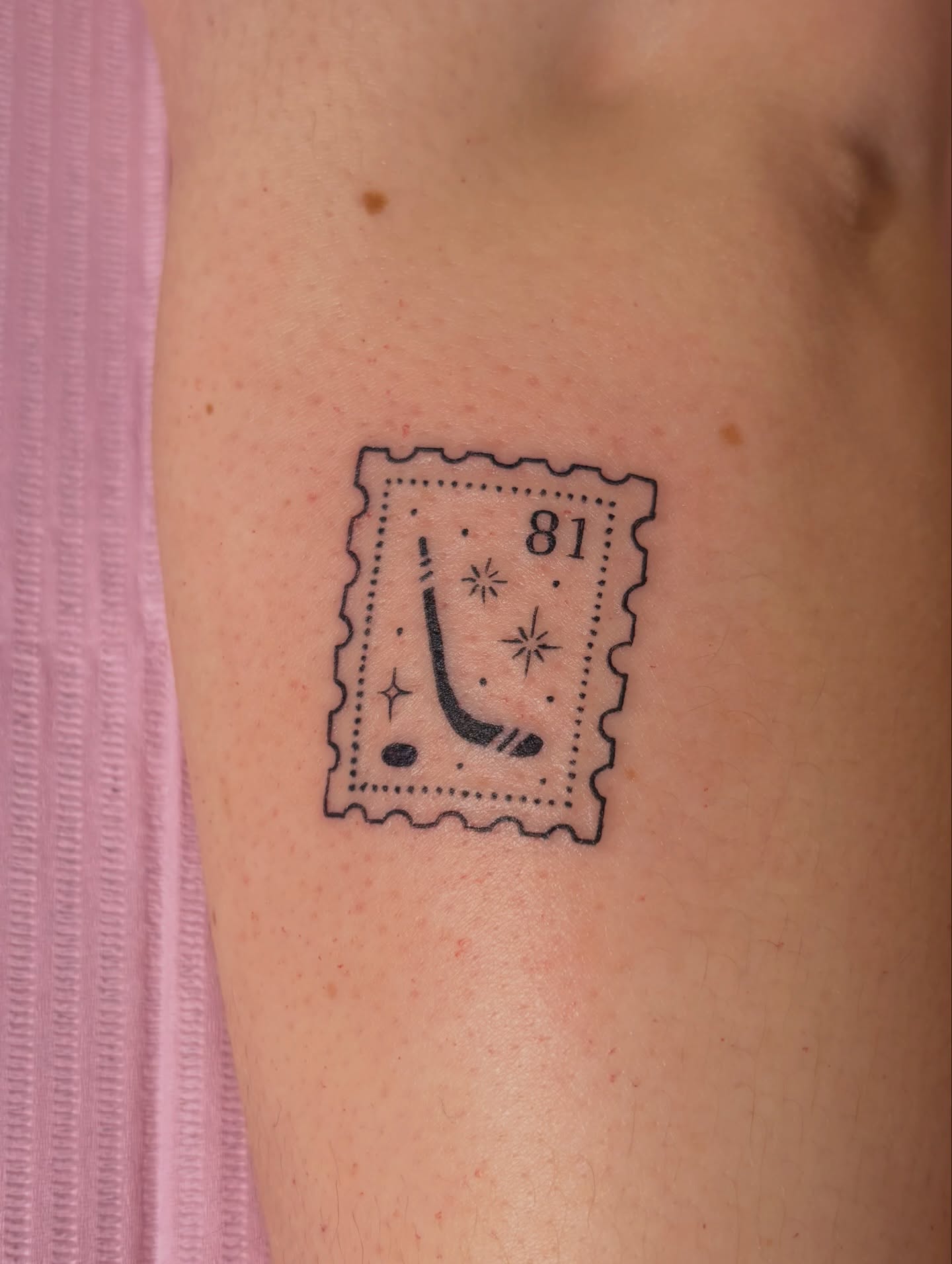 Postage stamp dotwork tattoo on the forearm by Jen Osborne ♡ Cincinnati Tattoo Artist